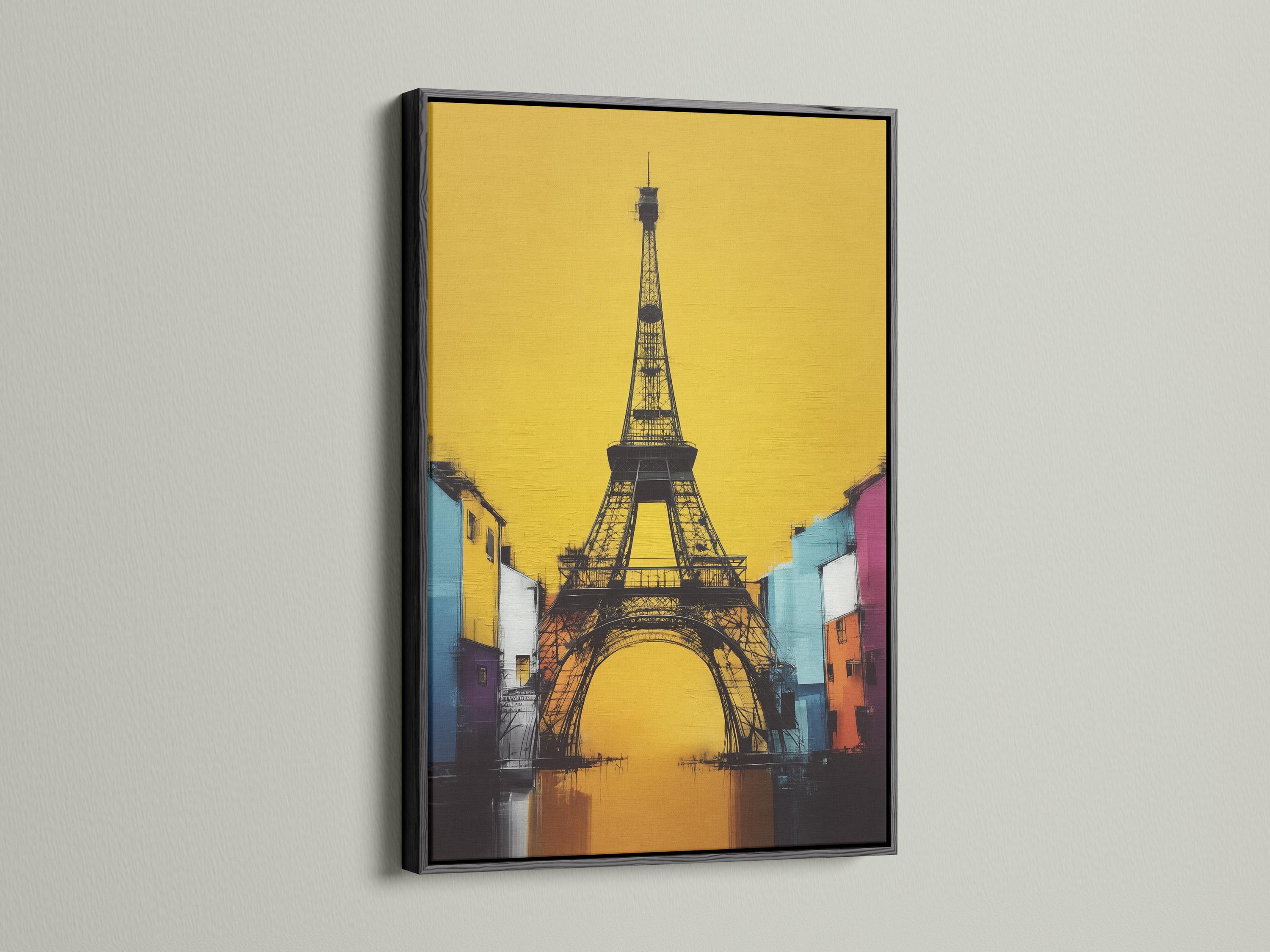 Stylised Eiffel Tower in black with a bright yellow background and colourful city buildings detail view