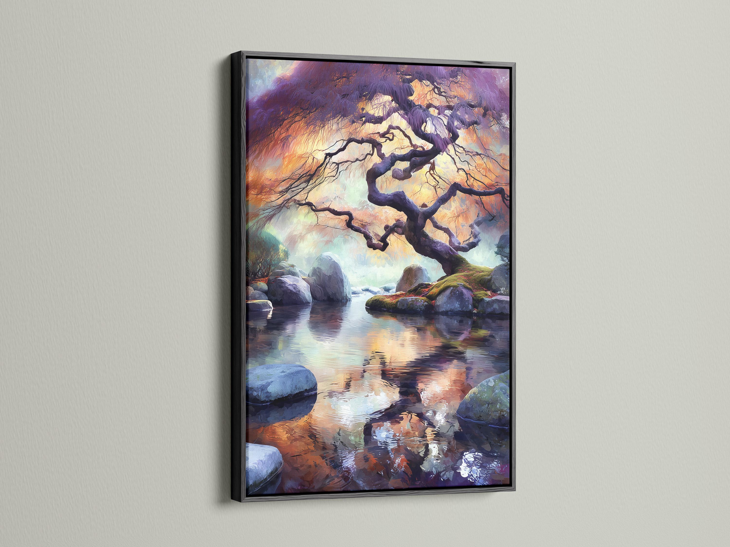 Twisting tree silhouette over rocks and still water with purple orange sunset reflections detail view