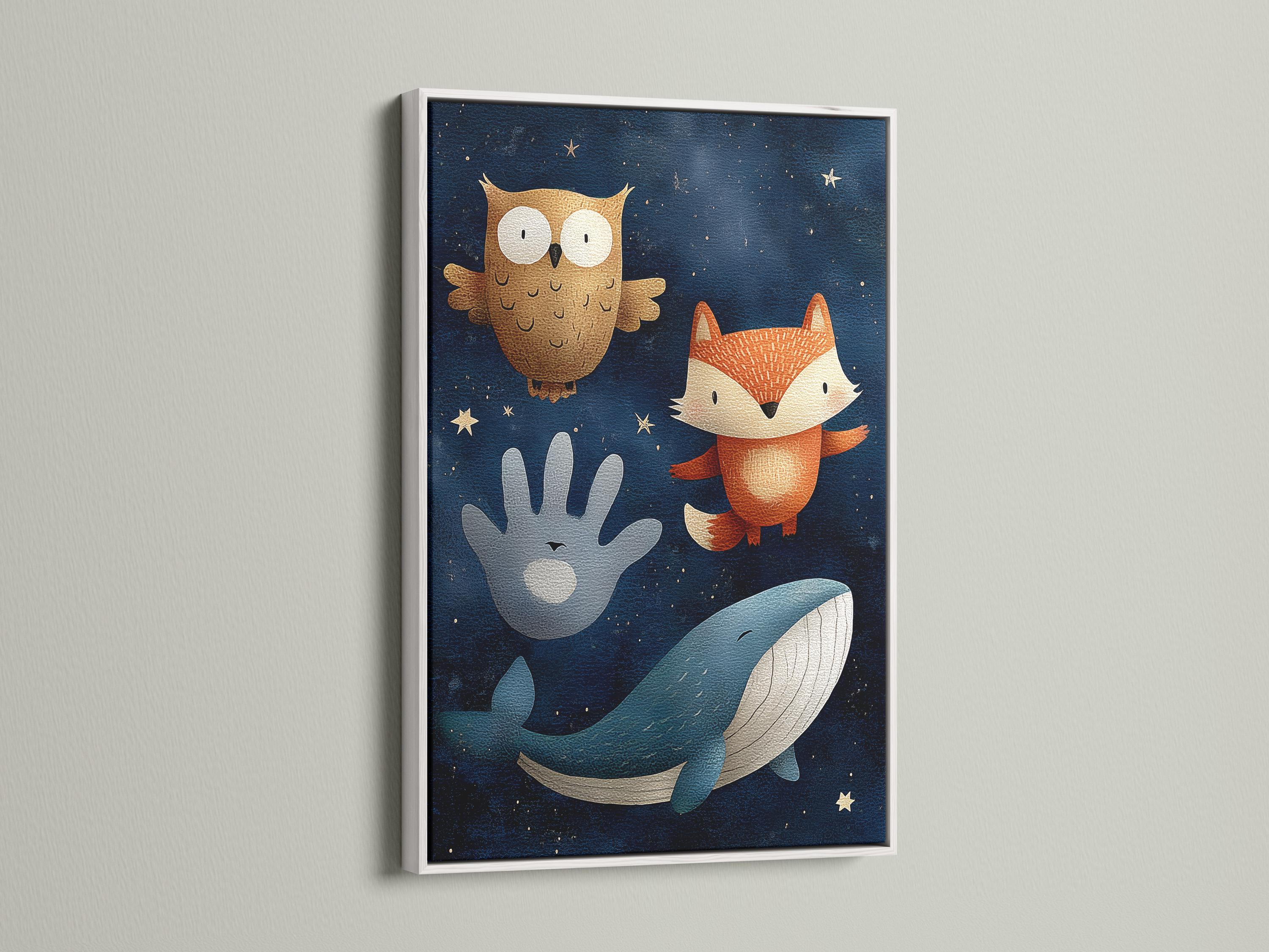 Illustrated whale, fox and owl in a navy starry-night scene with stars detail view