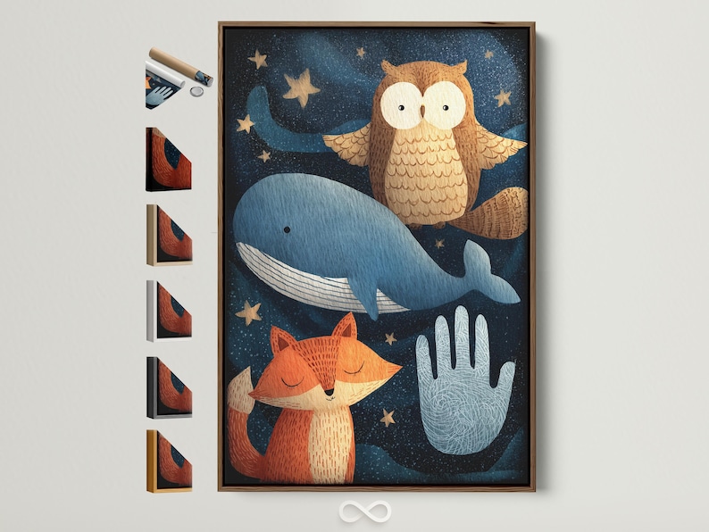 Owl perched above a blue whale with a smiling fox under starry night sky