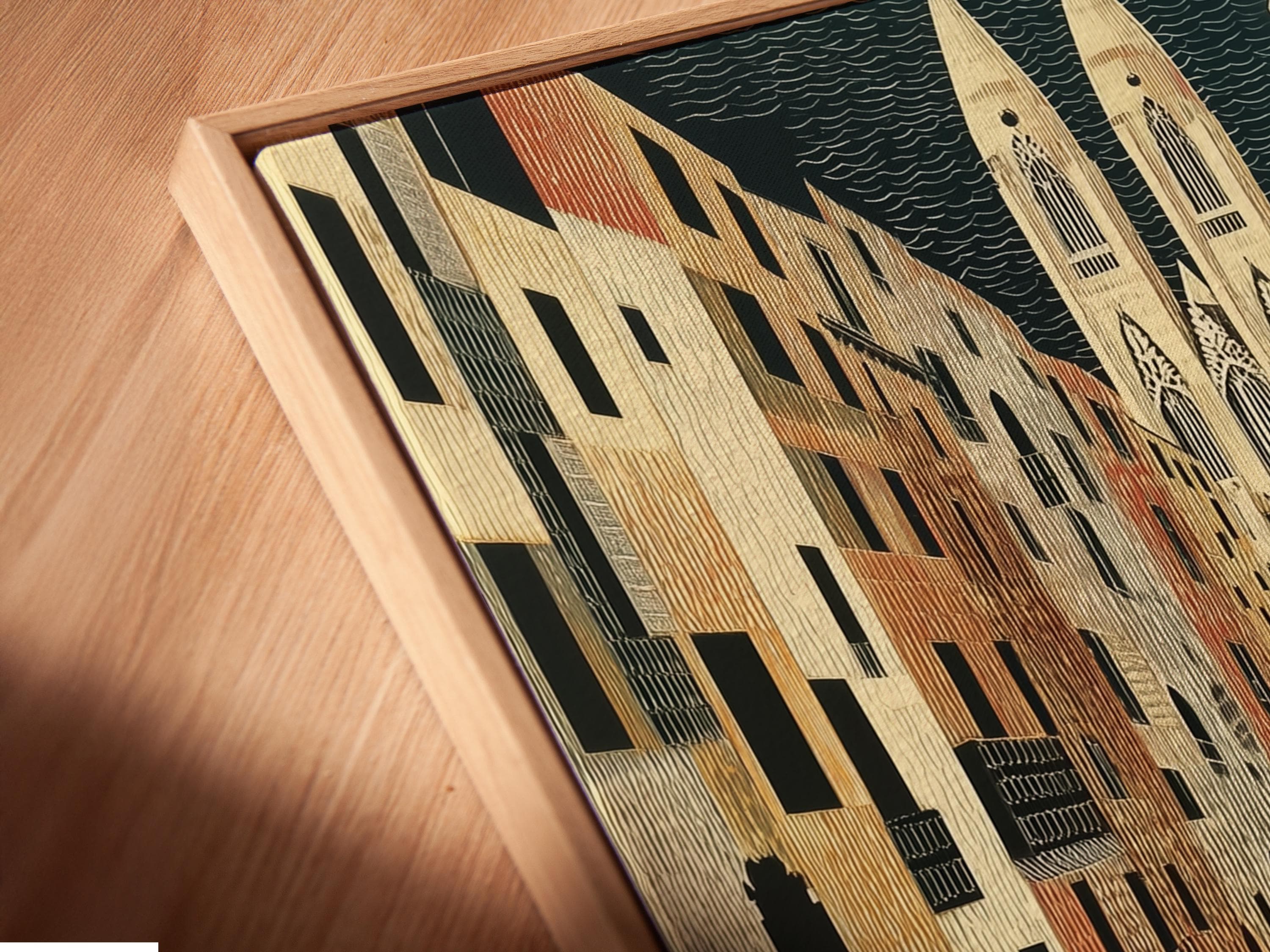 Retro cars on a textured city street with tall buildings and a patterned sky detail view