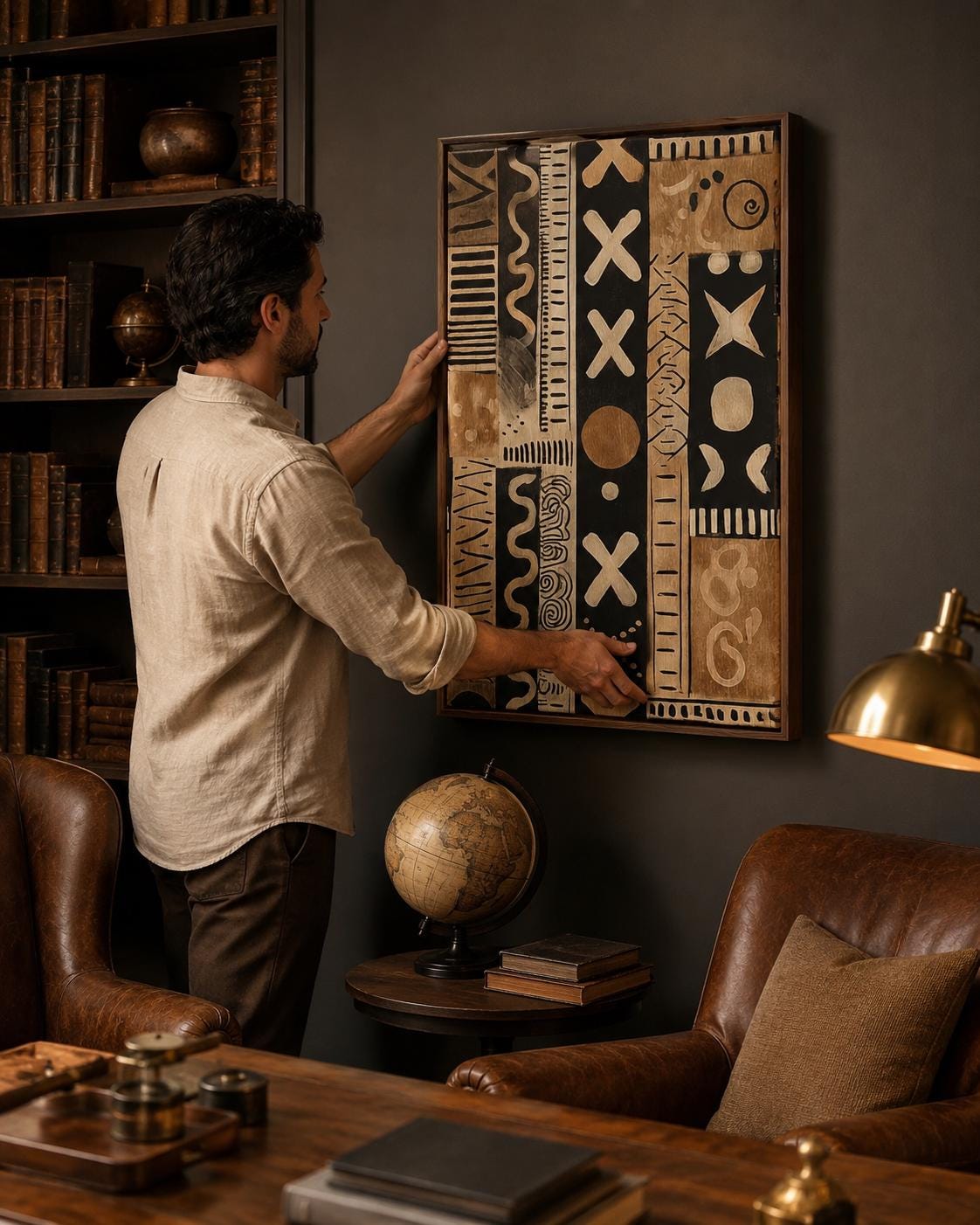 Living room mockup with a framed beige and black tribal abstract pattern above a sofa