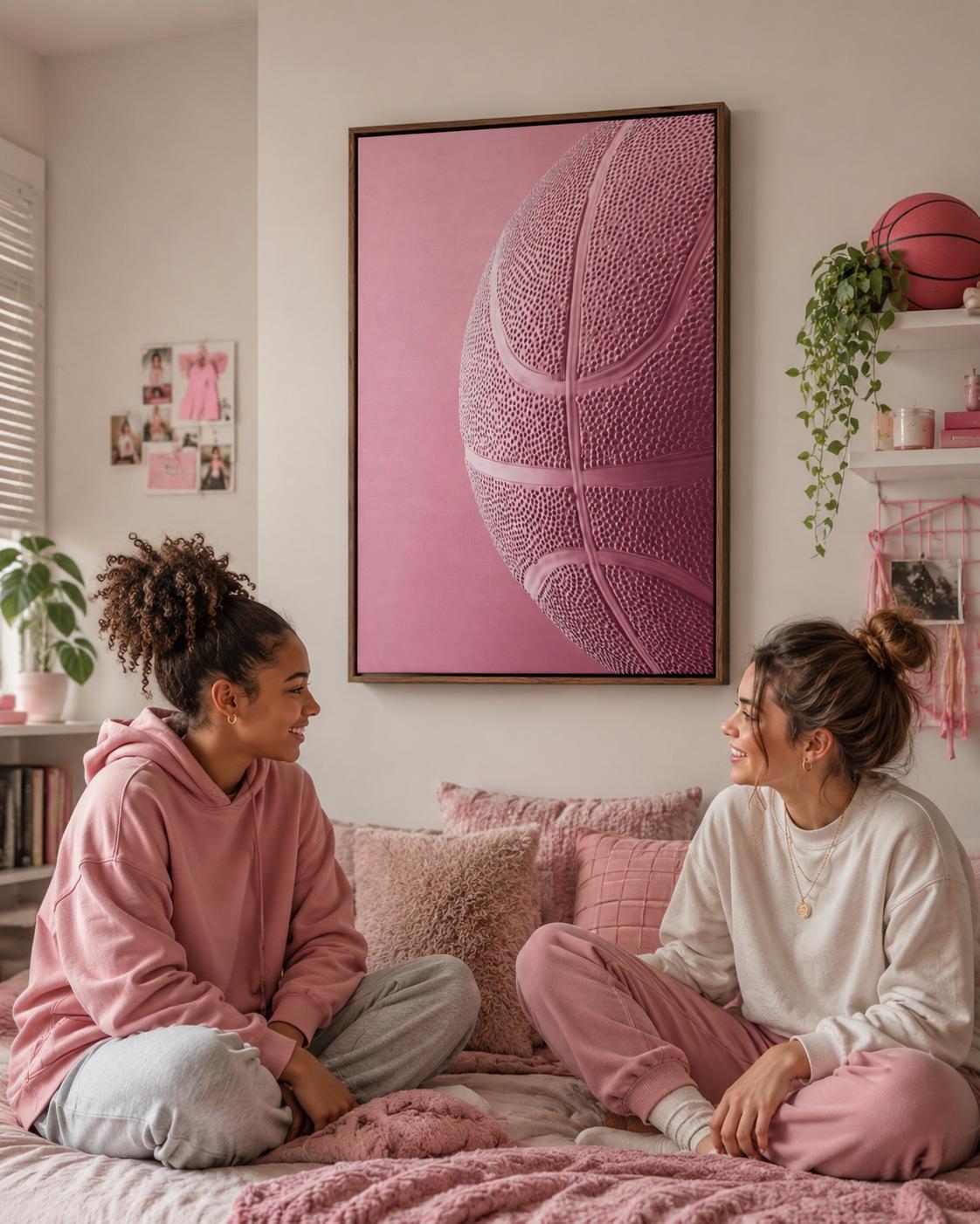 Woman sitting on a sofa beside a framed bubblegum pink basketball artwork