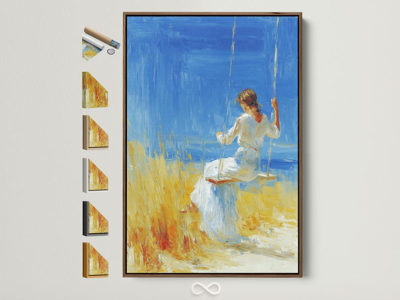 Woman sitting on a swing under a bright blue sky with yellow grass and reflective strokes