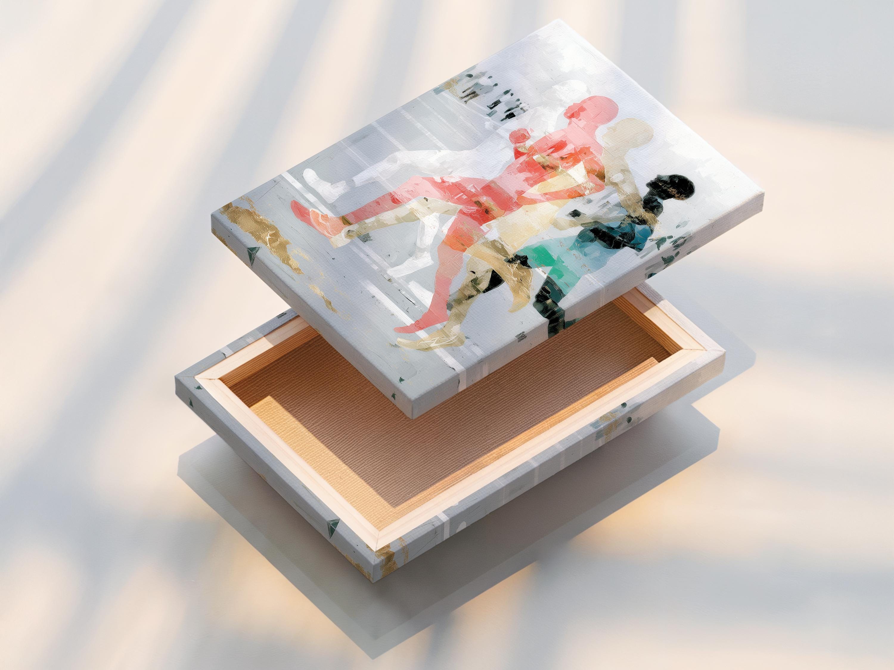 Room mockup featuring a framed abstract runners artwork with coral and teal figures