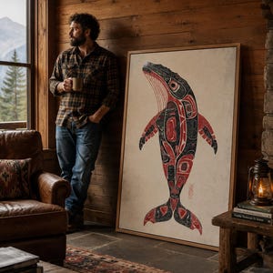 Whale Canvas Art Print | Pacific Northwest Native American Tribal Wall Decor, Indigenous Style Artwork for Living Room, Office Space