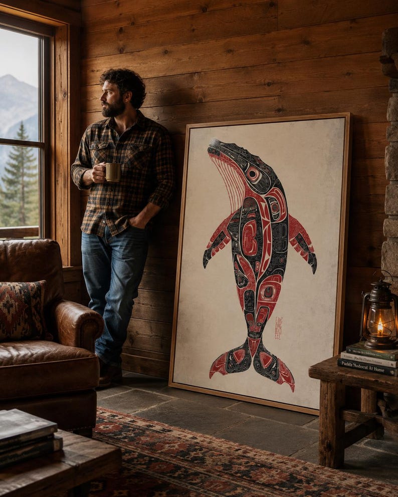 Stylised whale illustration in deep red and black with patterned details on a pale background