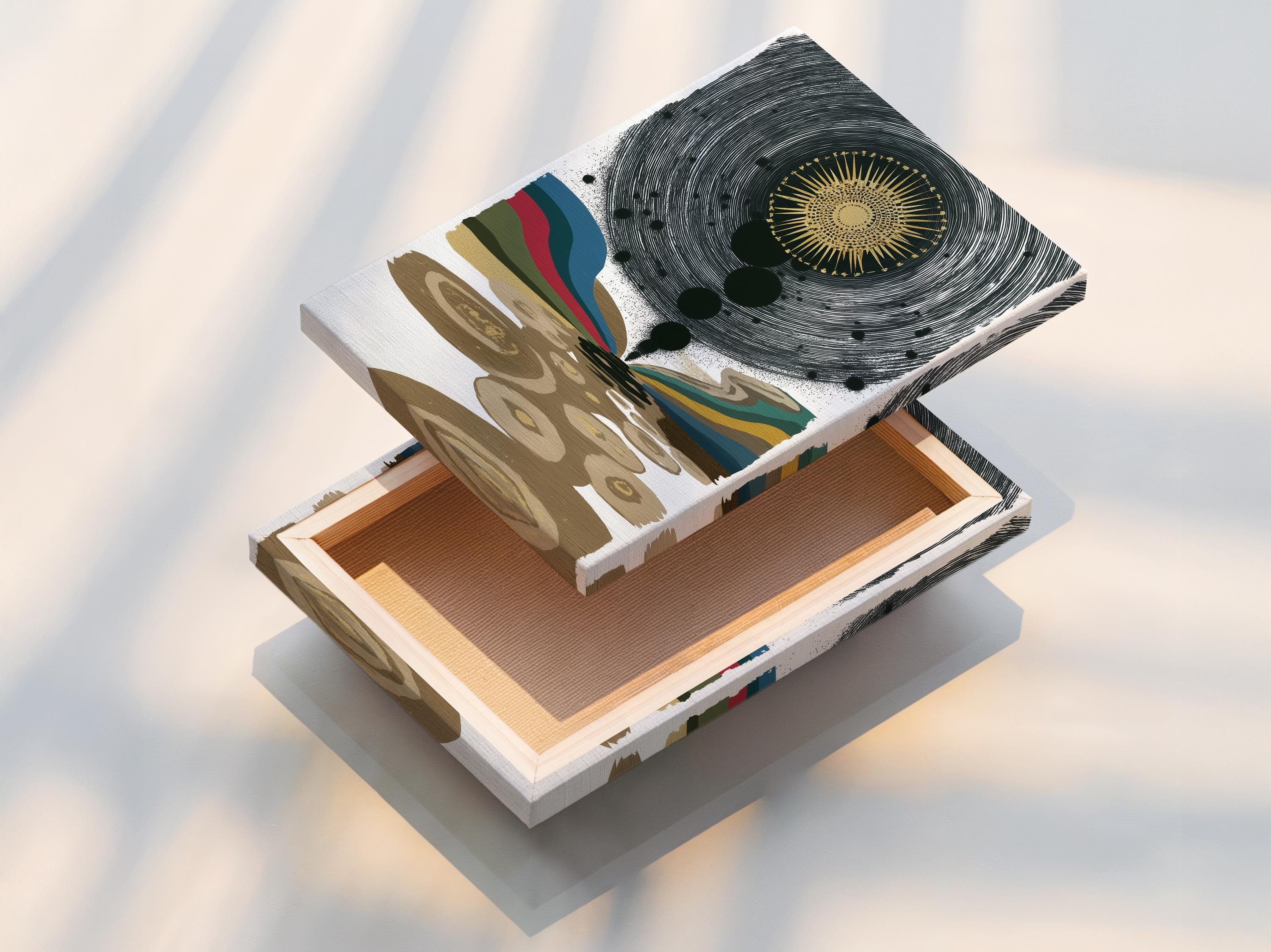 Abstract celestial eye with gold sunburst, concentric black lines and multicoloured wave bands detail view