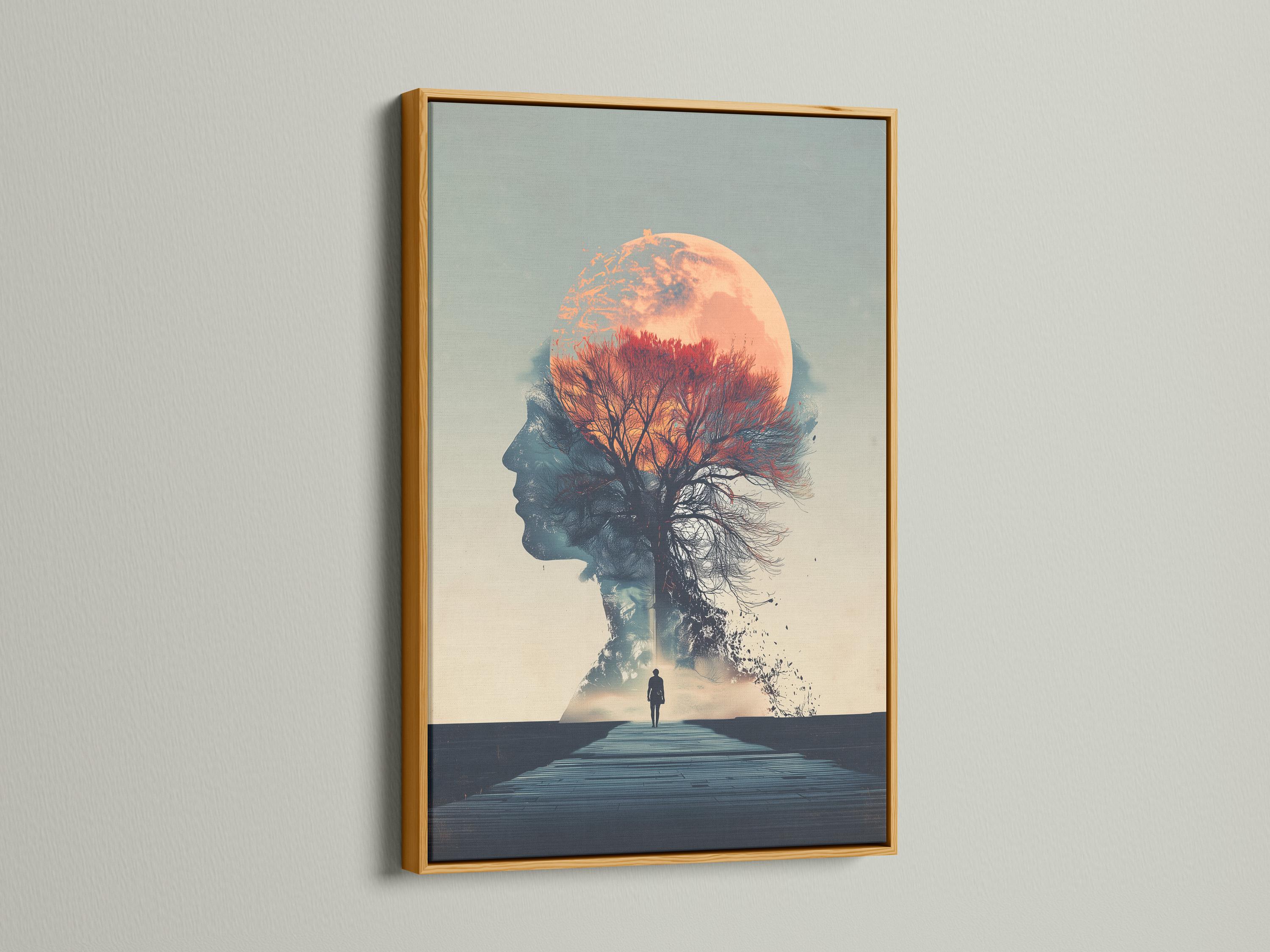 Surreal double exposure of a woman silhouette with a moonlit tree and a small figure on a path detail view