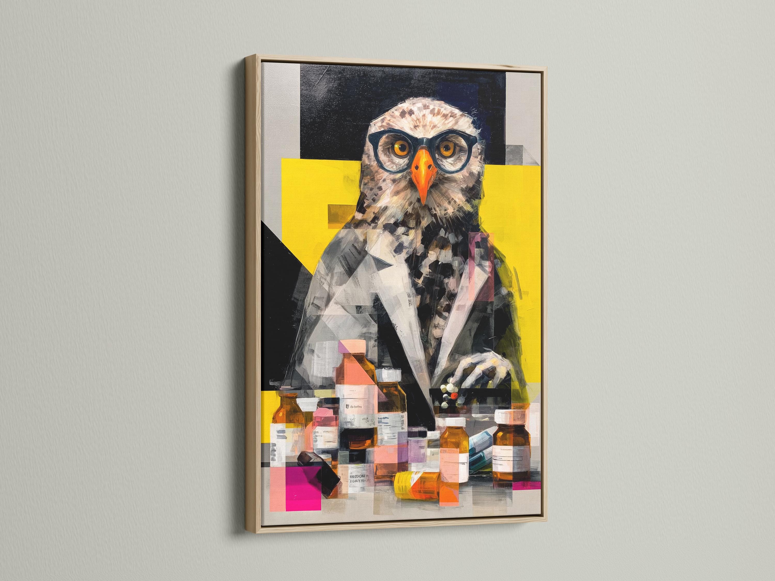 Geometric owl portrait with spectacles and lab bottles in black, grey, yellow and orange detail view