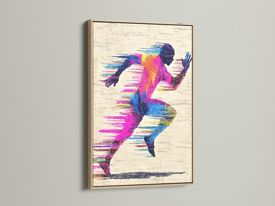 A colour-dotted silhouette of a runner stretches across a textured off-white background, with flowing striped motion lines in bright magenta, blue