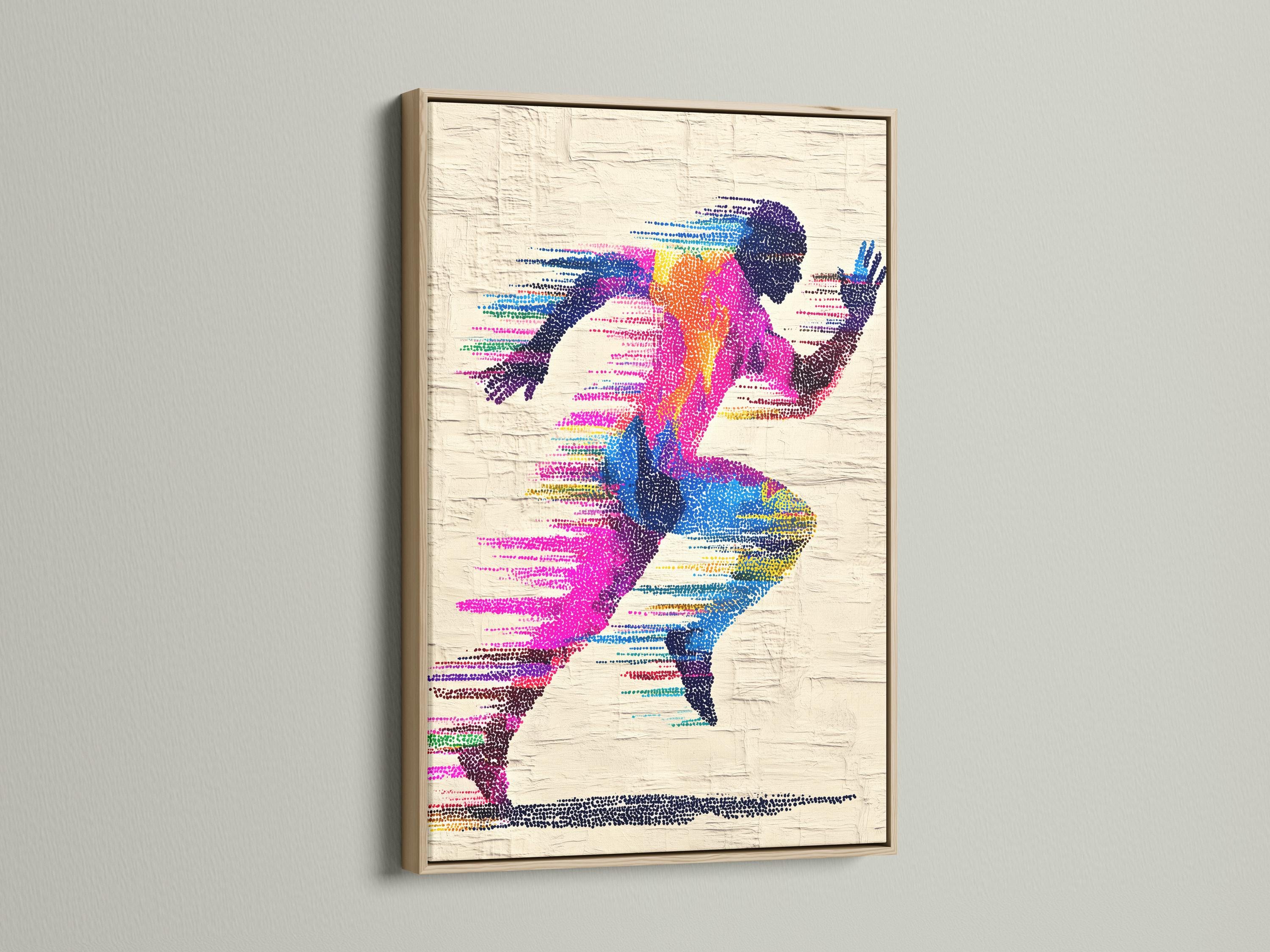 A colour-dotted silhouette of a runner stretches across a textured off-white background, with flowing striped motion lines in bright magenta, blue