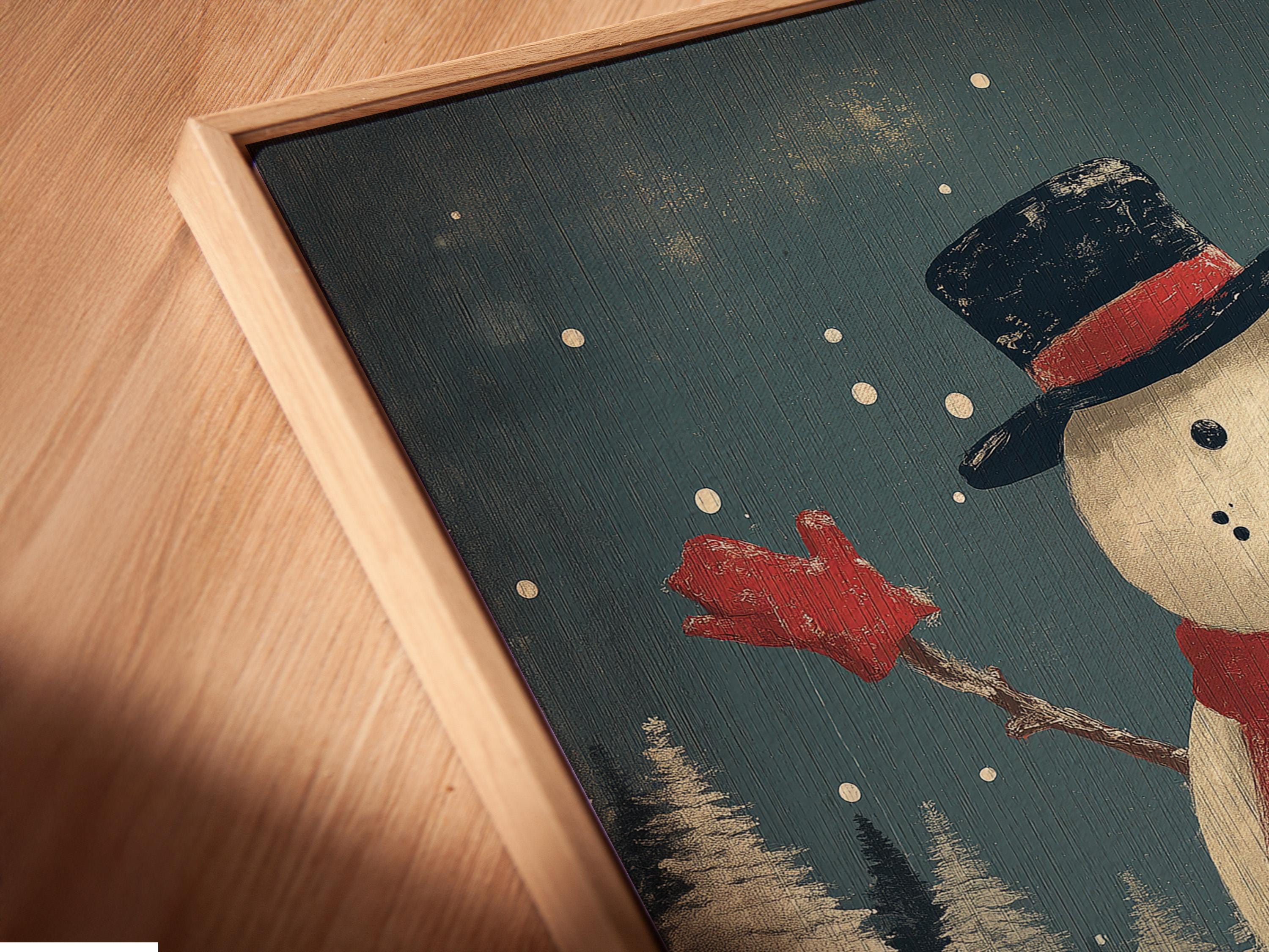 Snowman standing in falling snow with a dark top hat and red scarf in a winter forest scene detail view