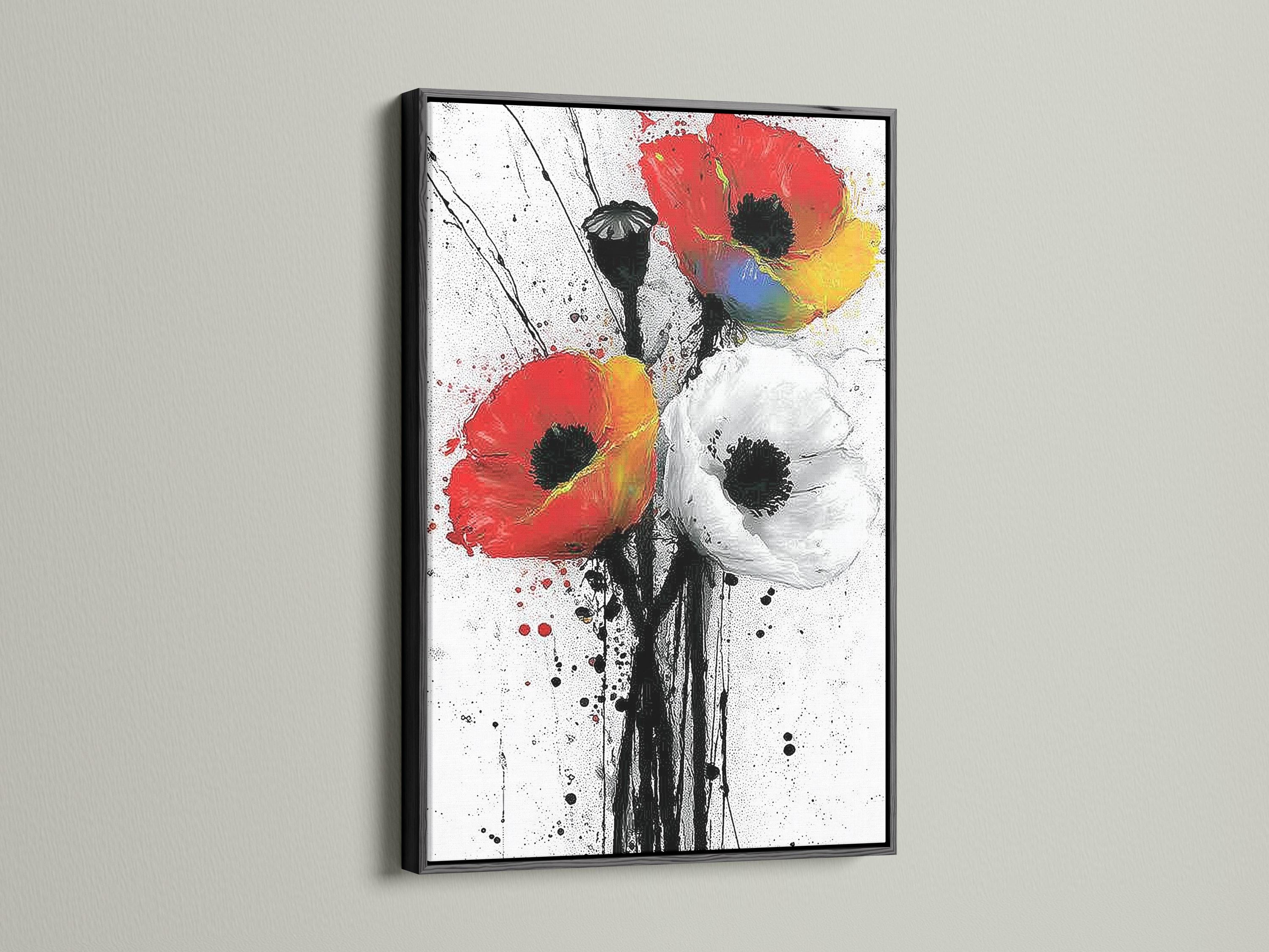 Stylised red poppy flower with black stems on a white speckled background detail view