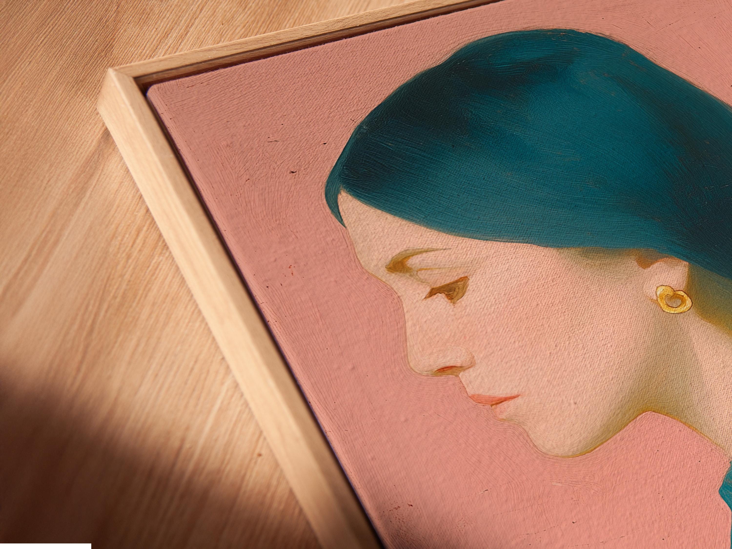 Wall mockup showing a teal and black dual portrait artwork with gold earring accents