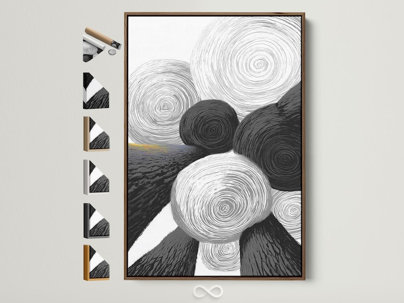 Monochrome abstract artwork with overlapping swirling rings in black, white and grey