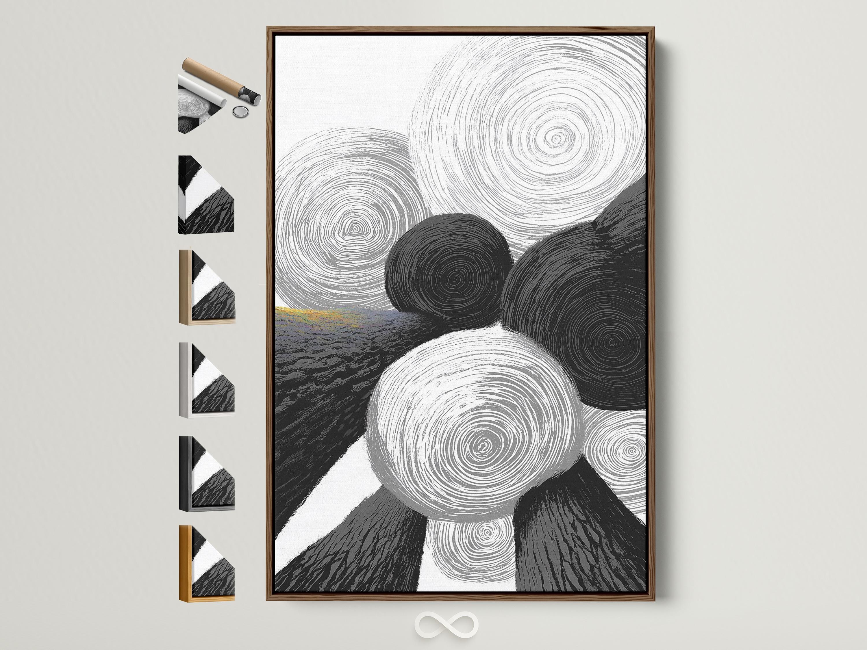 Monochrome abstract artwork with overlapping swirling rings in black, white and grey
