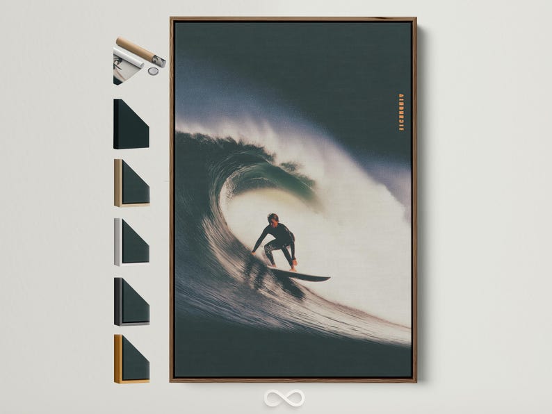 Surfer riding a curling wave, shown in dark teal ocean tones with bright white foam and spray mist