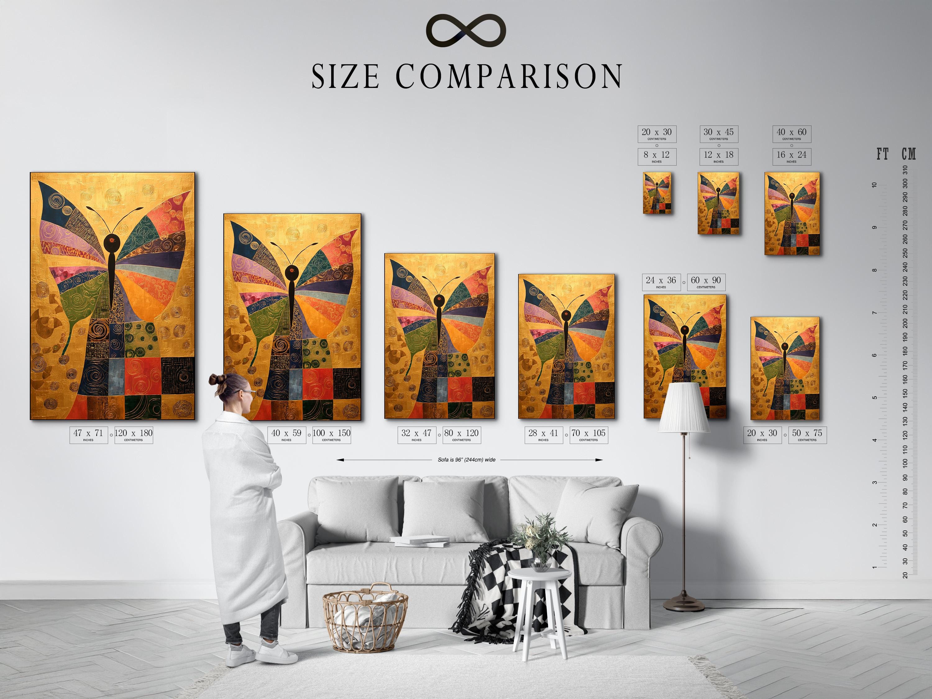 Geometric butterfly artwork with gold background and multicolour swirl-patterned wings detail view