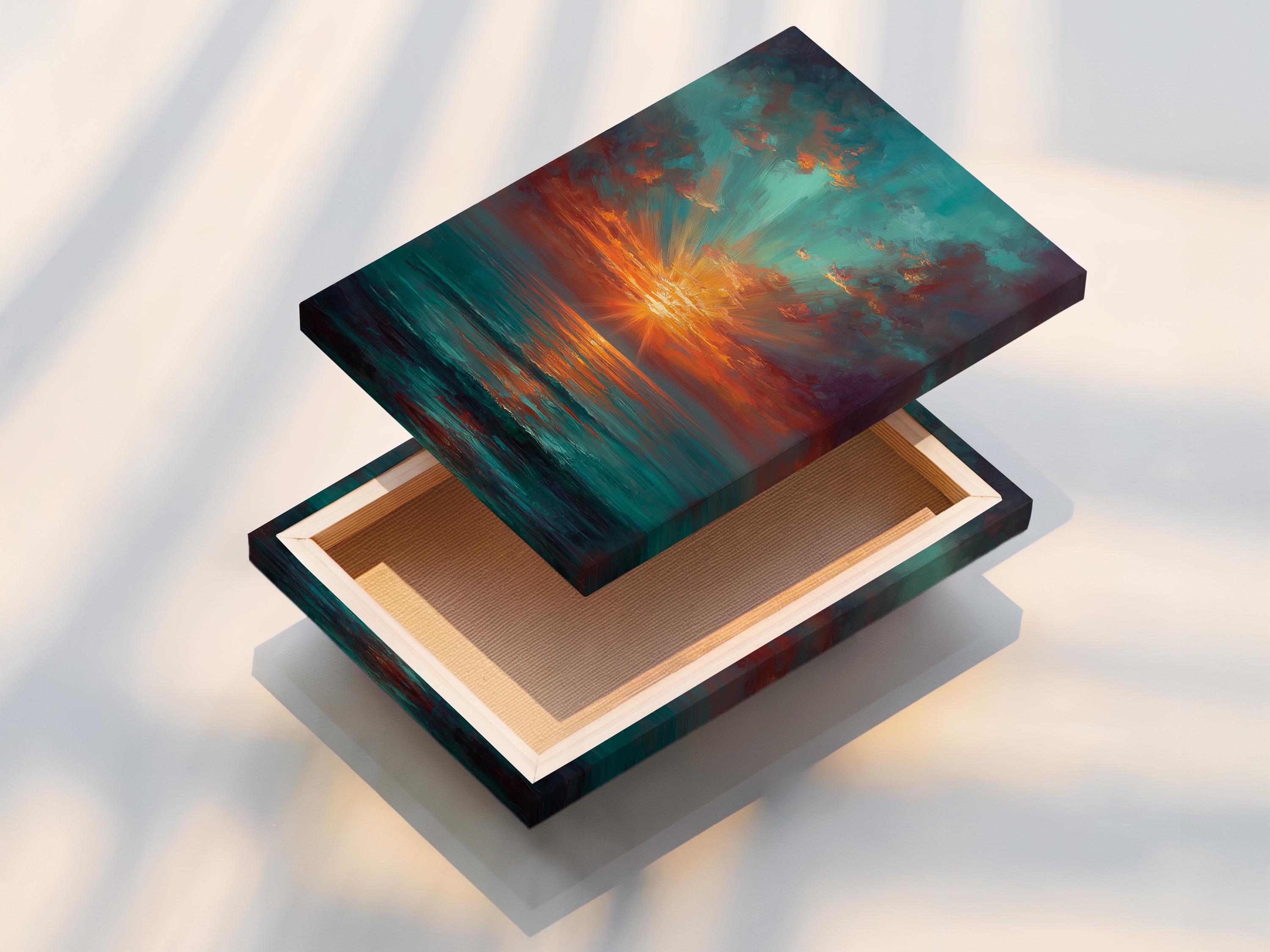 Room mockup with a sofa and a framed teal and copper sunset seascape artwork on the wall