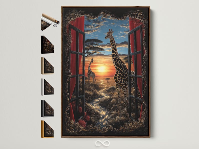 Giraffe standing in a window-like scene over a savanna at sunset, with red curtains