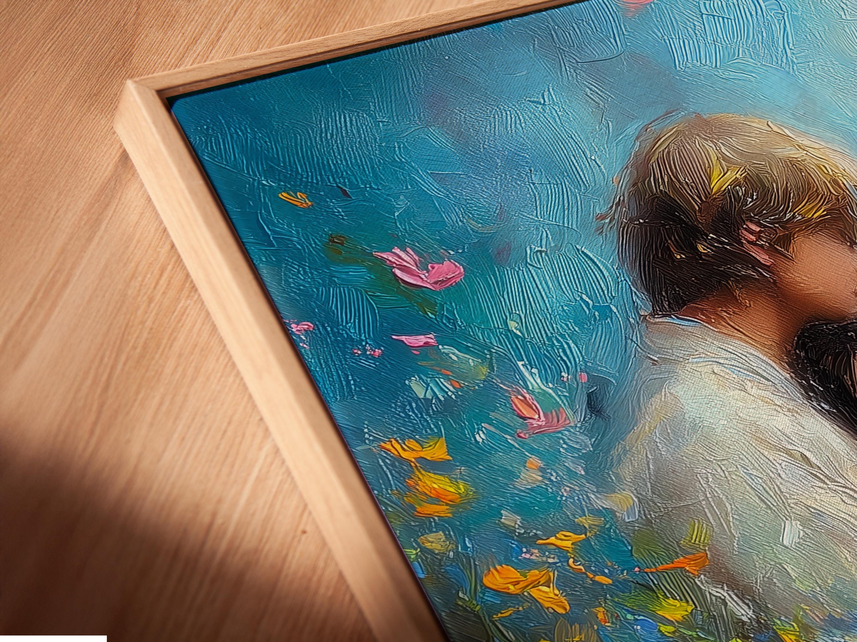 Romantic couple embracing in a blue wildflower field, painterly textured style detail view