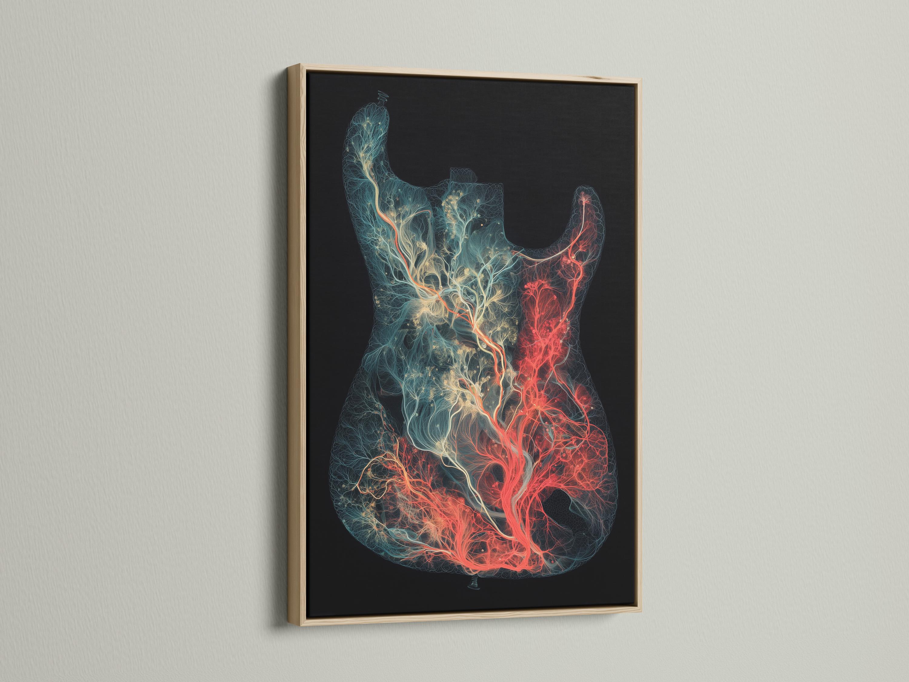 Electric guitar silhouette filled with glowing teal and red branching linework on a dark background detail view