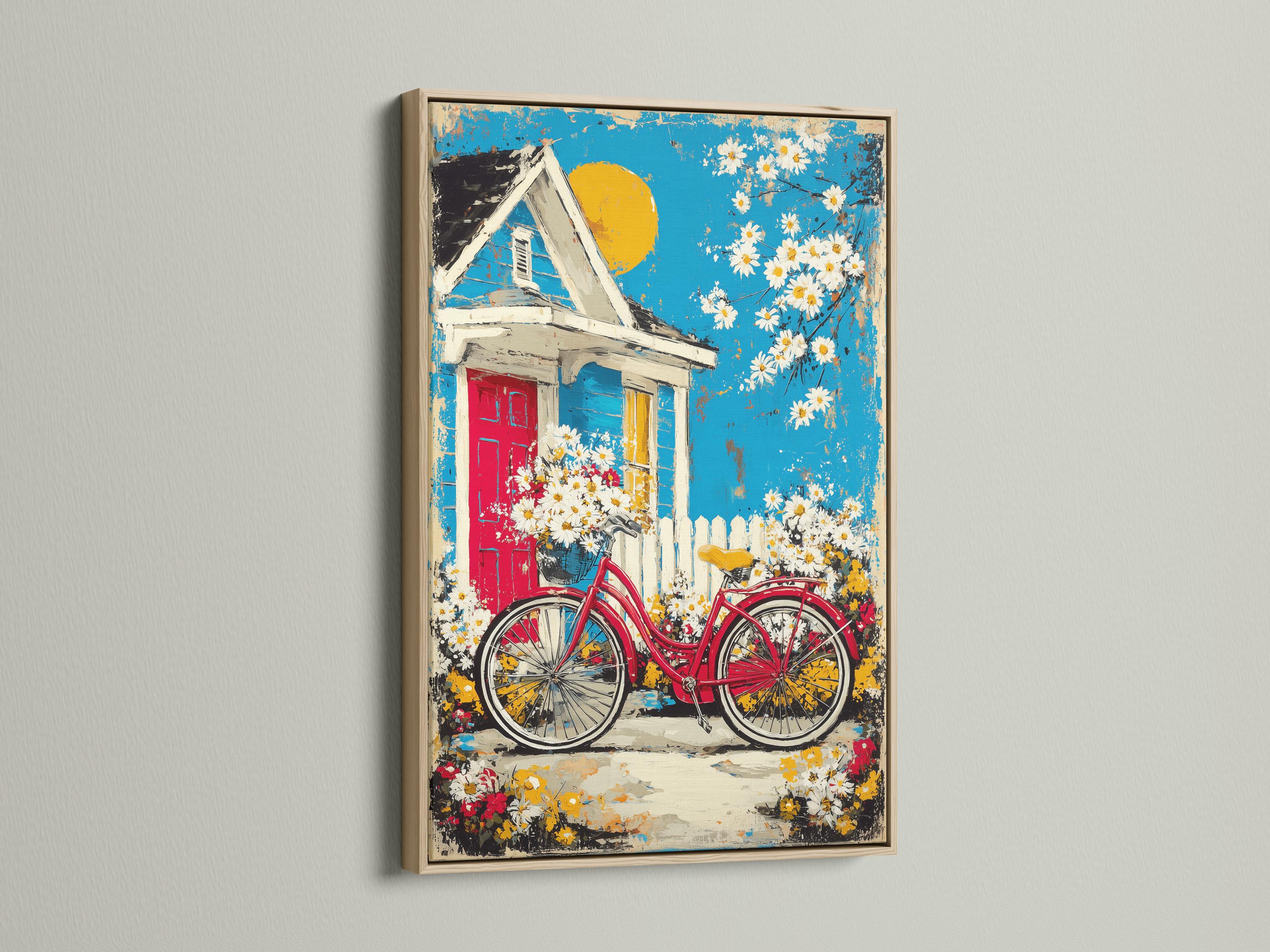 Red bicycle and daisies in front of a cottage house under a bright blue sky detail view
