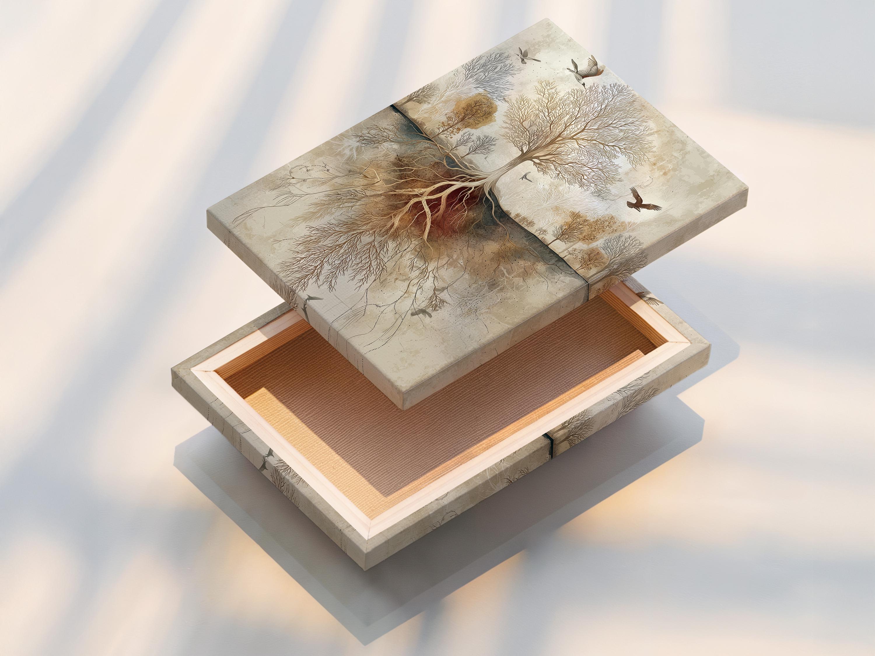 Beige tree-of-life botanical illustration with exposed roots and birds flying detail view