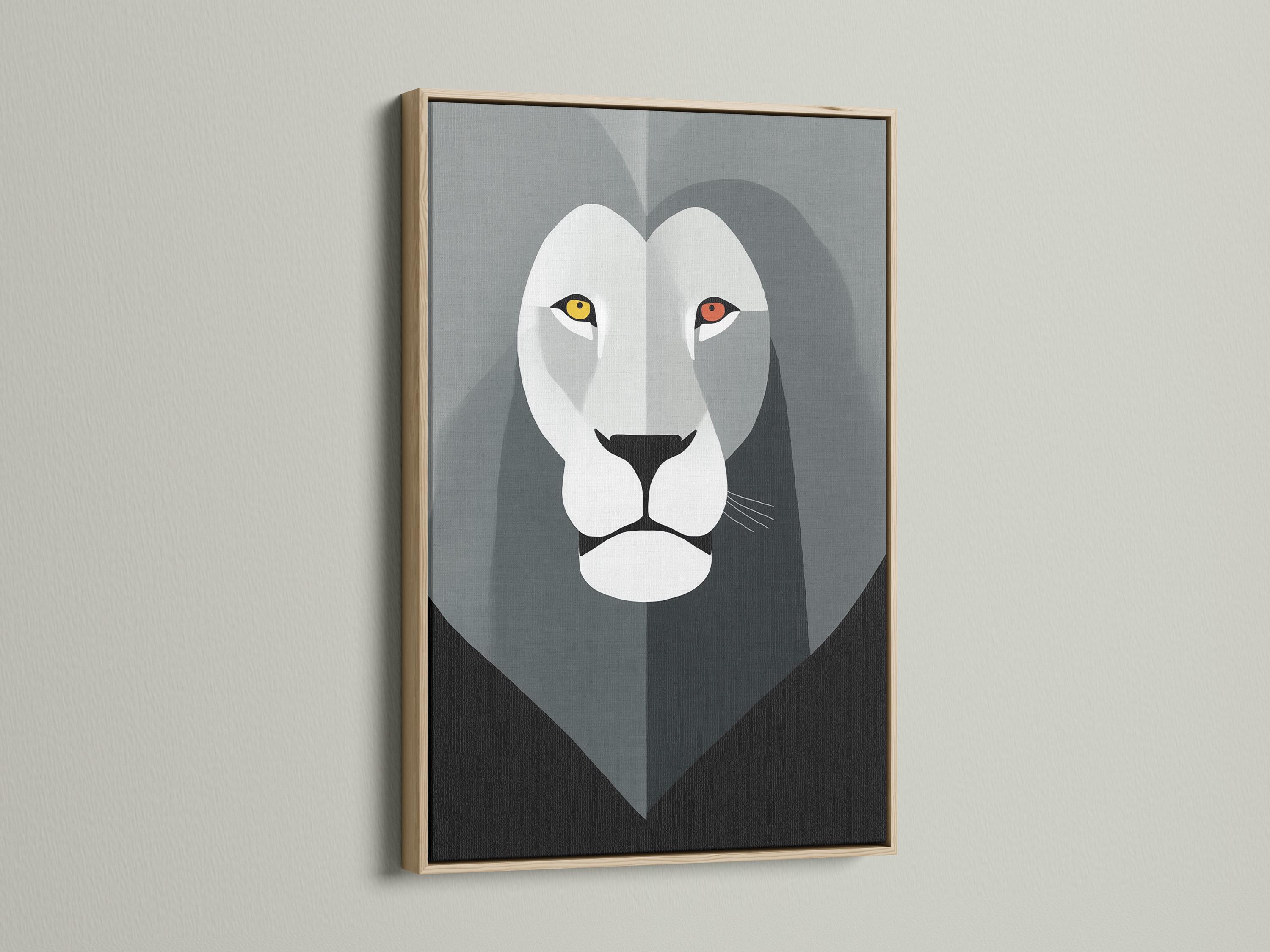 Geometric lion face artwork in grey and white with yellow and red eye accents detail view