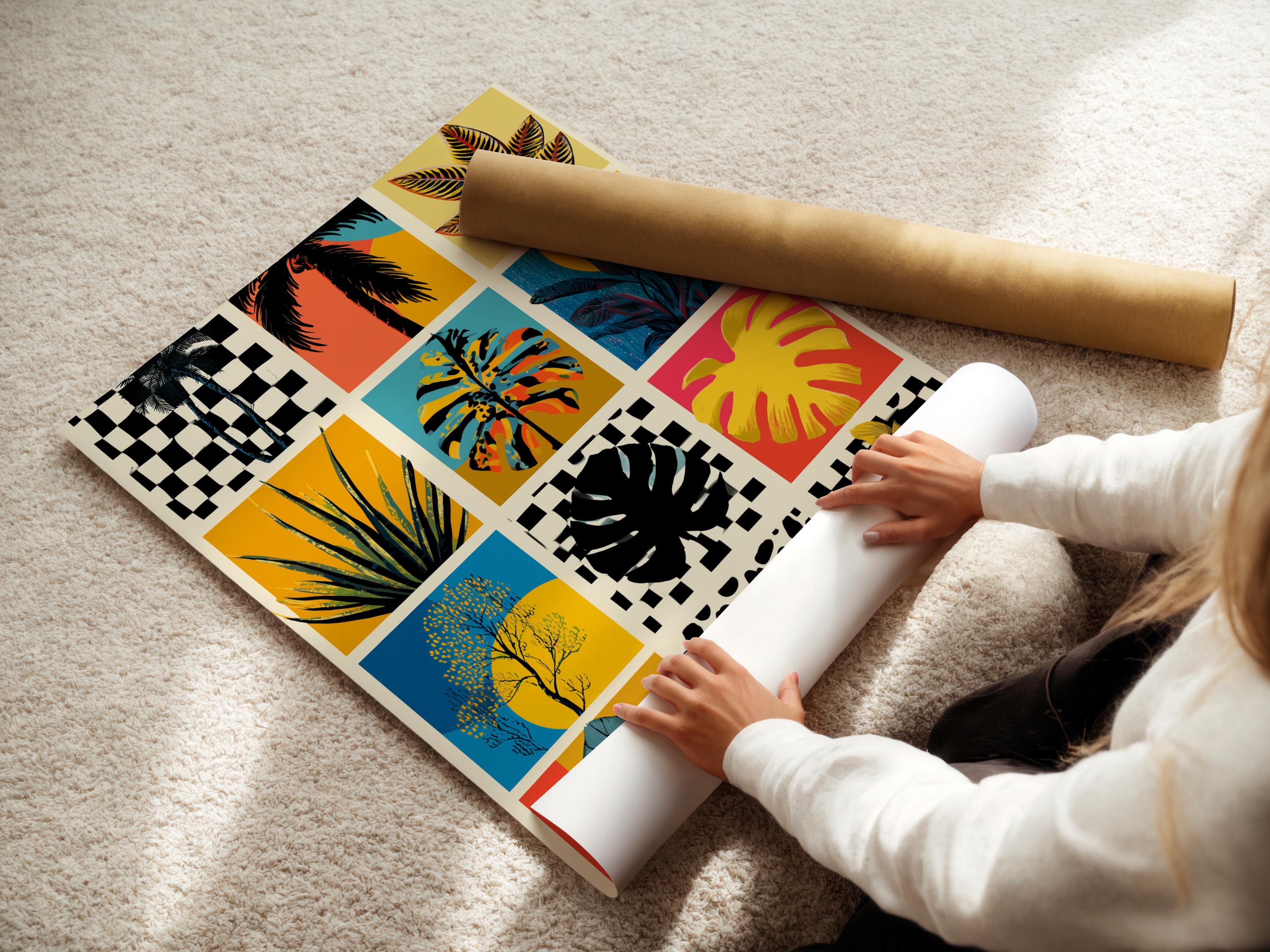 Retro tropical botanical collage on a framed grid, shown in a room mockup with extra artwork