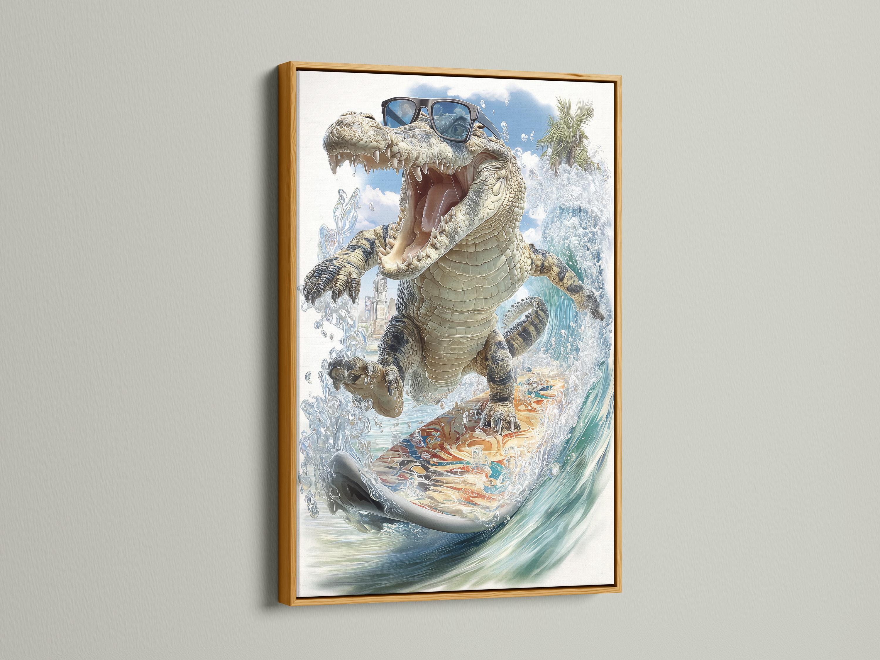 Roaring alligator with sunglasses surfing on a surfboard through foamy blue waves detail view