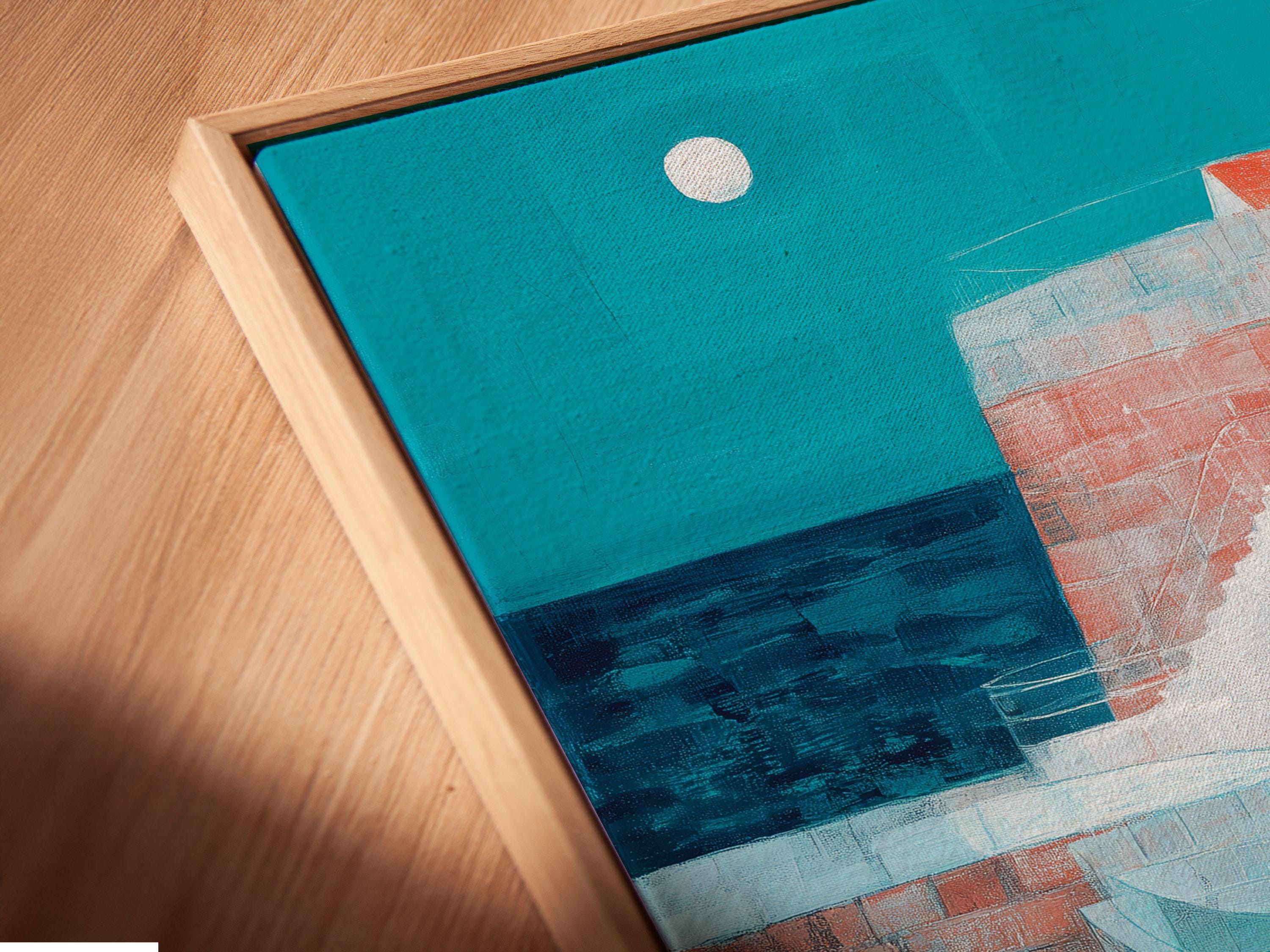 Turquoise harbour seascape with a rounded archway, white buildings, red boats and a pale moon detail view
