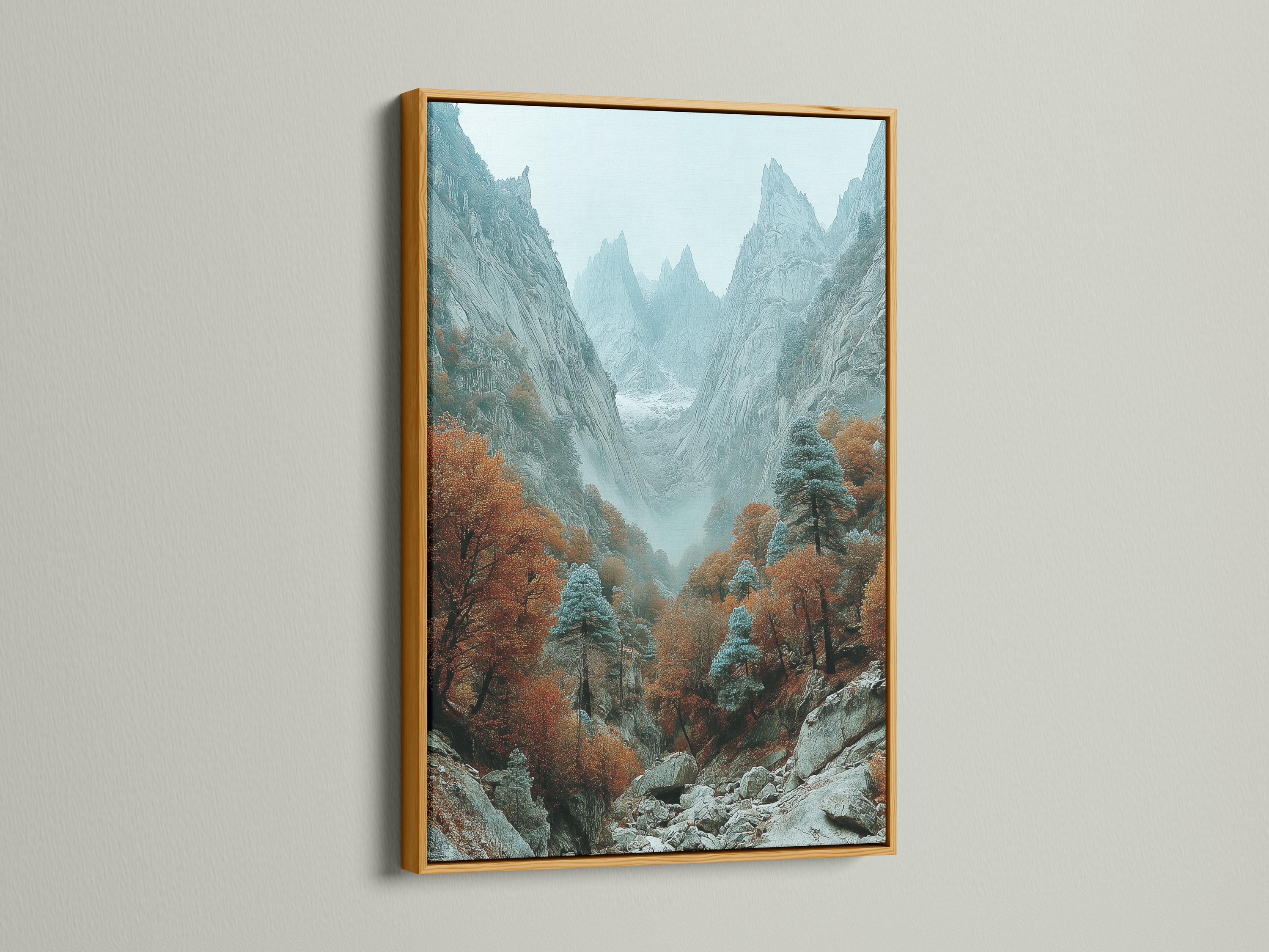 Misty mountain valley with rocky cliffs, autumn trees, and teal-grey peaks detail view