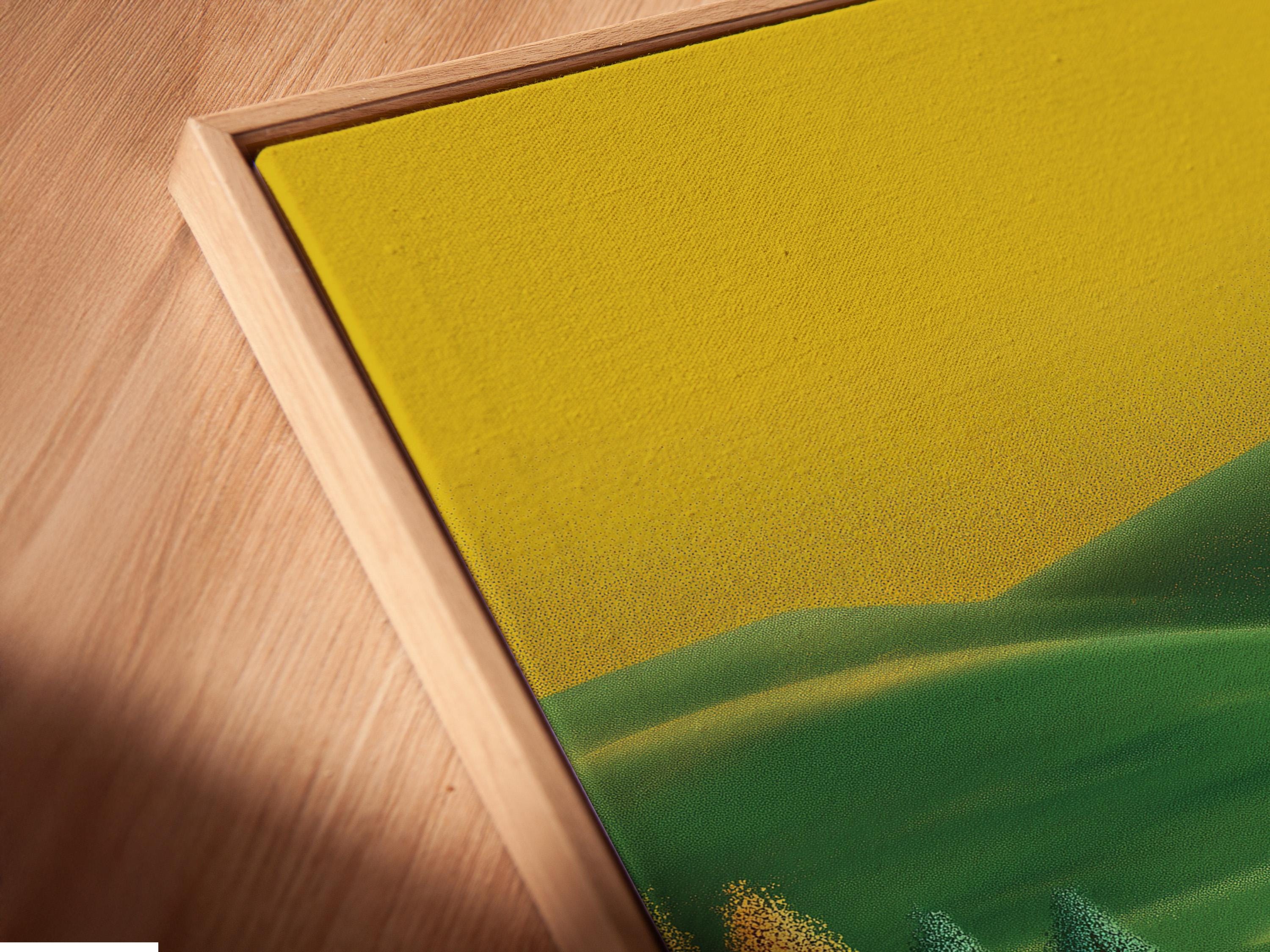 A stylised golf course scene with a golfer mid-swing and rolling green fairways detail view