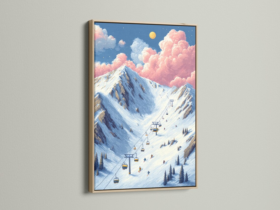 Winter mountain ski resort illustration with a diagonal chairlift, gondolas, skiers, snowy slopes and pink clouds detail view