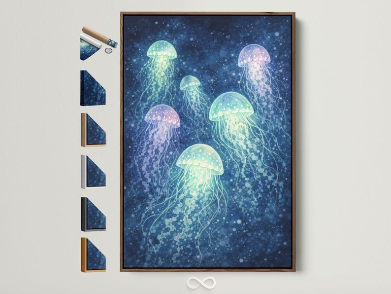 Glowing jellyfish in deep blue water with mint, aqua and lilac tones