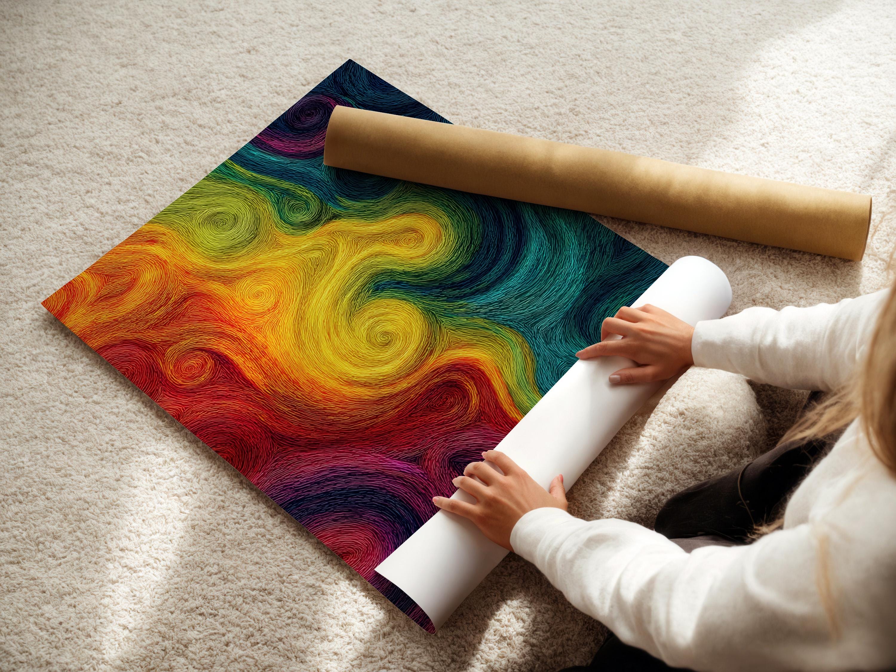 Rainbow abstract artwork with concentric swirling line patterns and a psychedelic spiral design detail view
