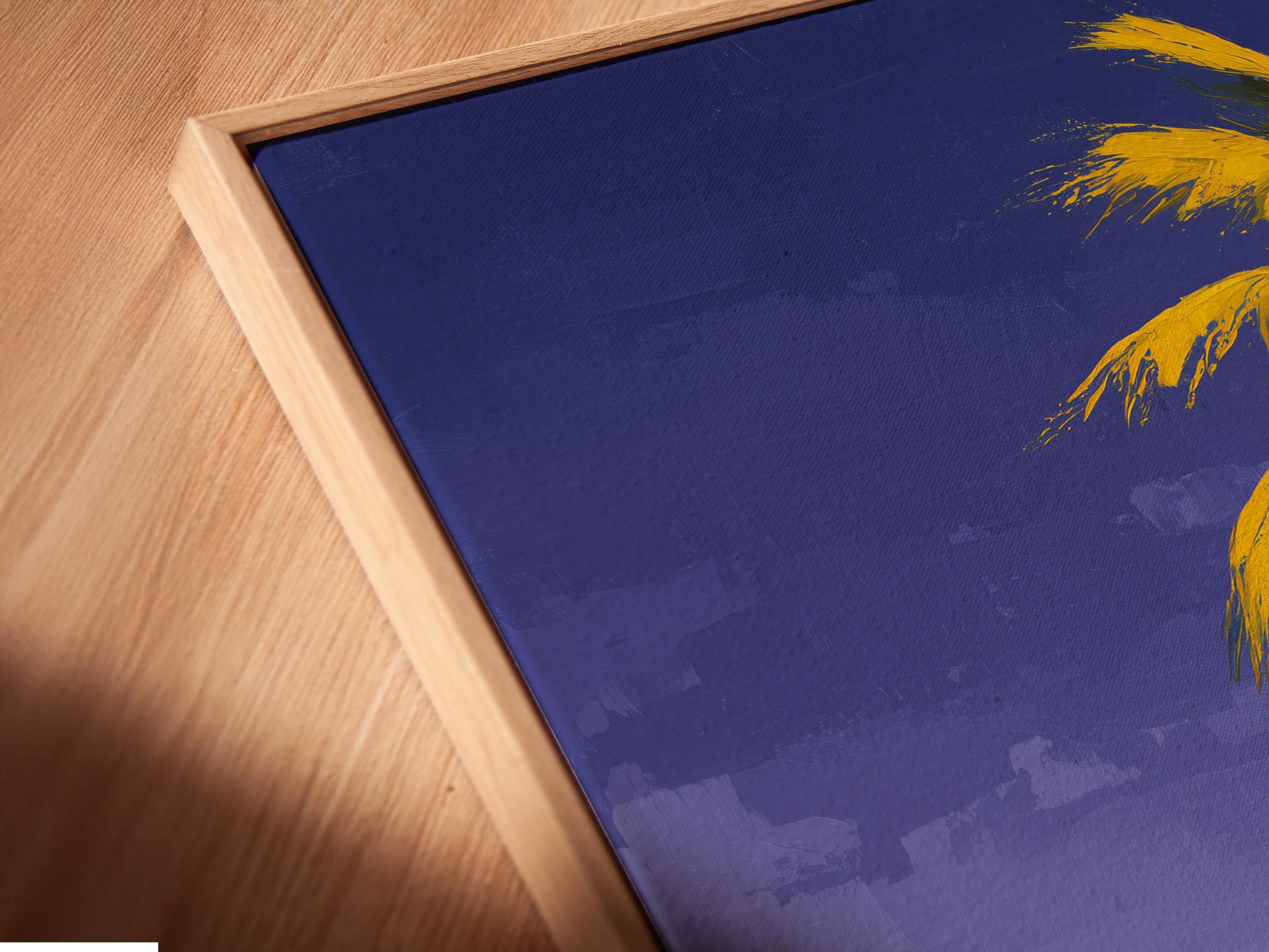 Painterly palm tree on a tropical beach with purple-blue sky and turquoise ocean detail view