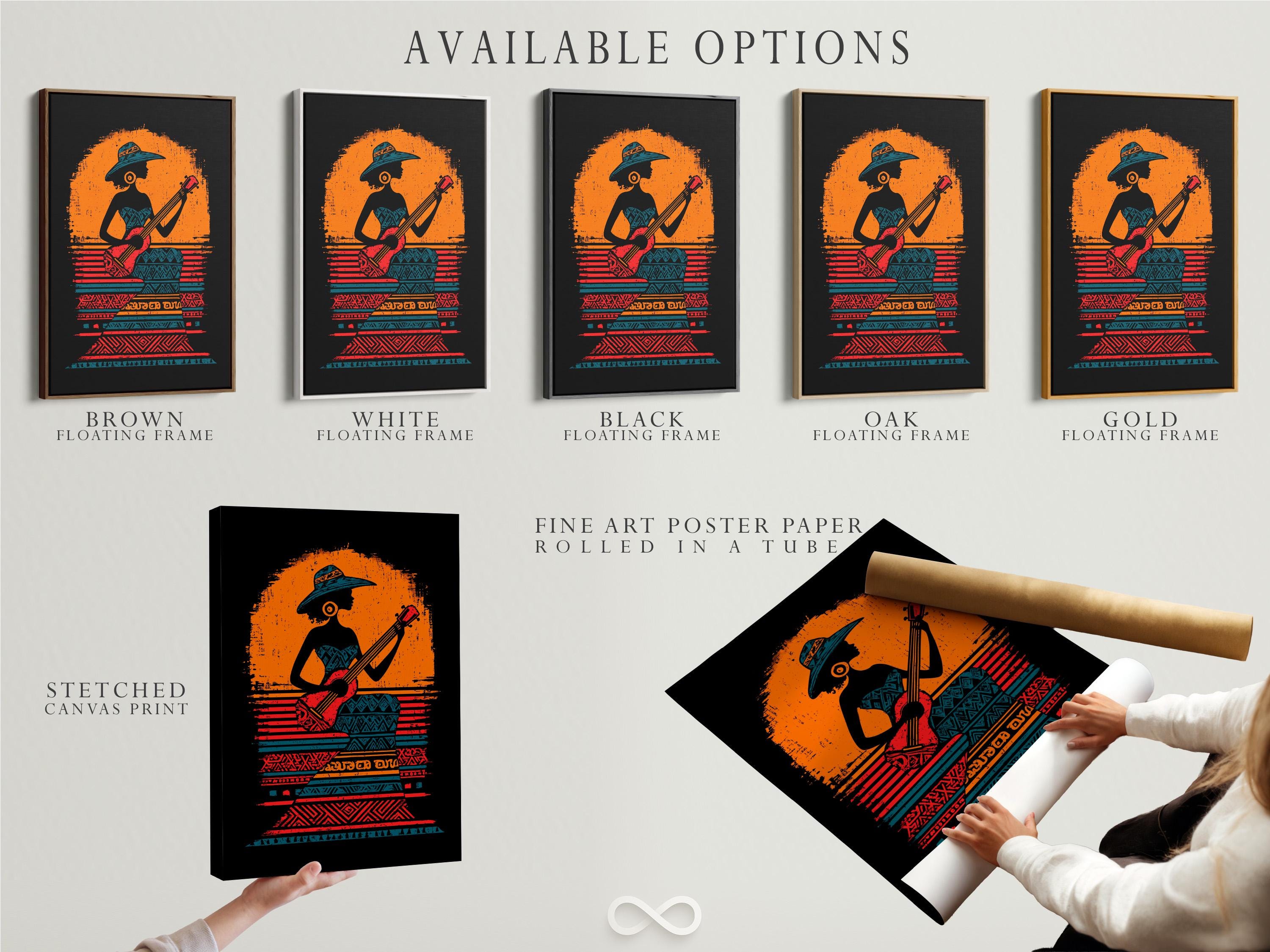 Wall mockup showing a framed poster design with a guitar-playing figure and tribal patterns