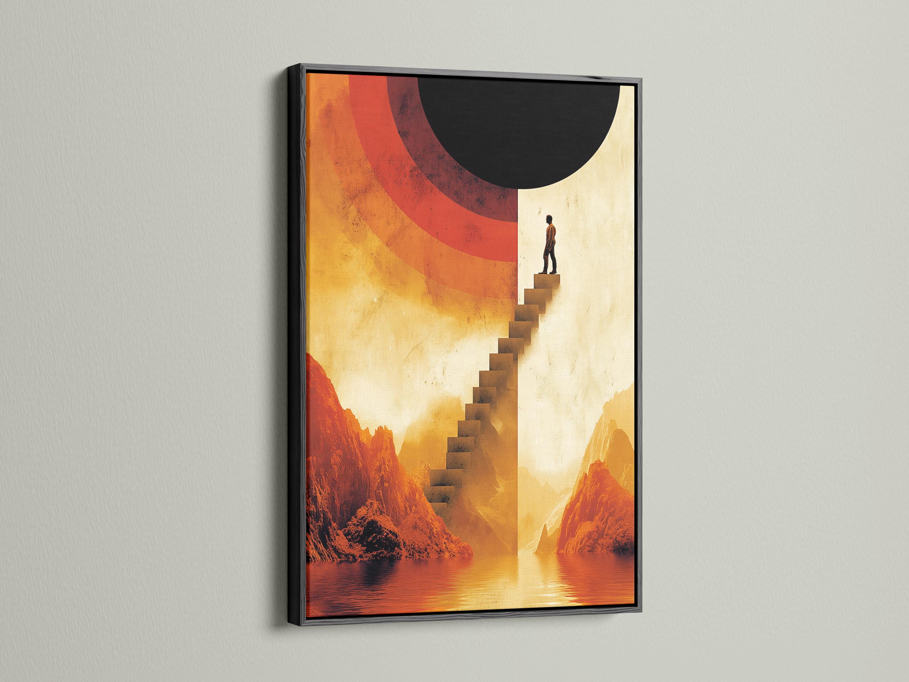 Surreal staircase with a silhouetted man rising through a warm mountain landscape and lake reflections detail view