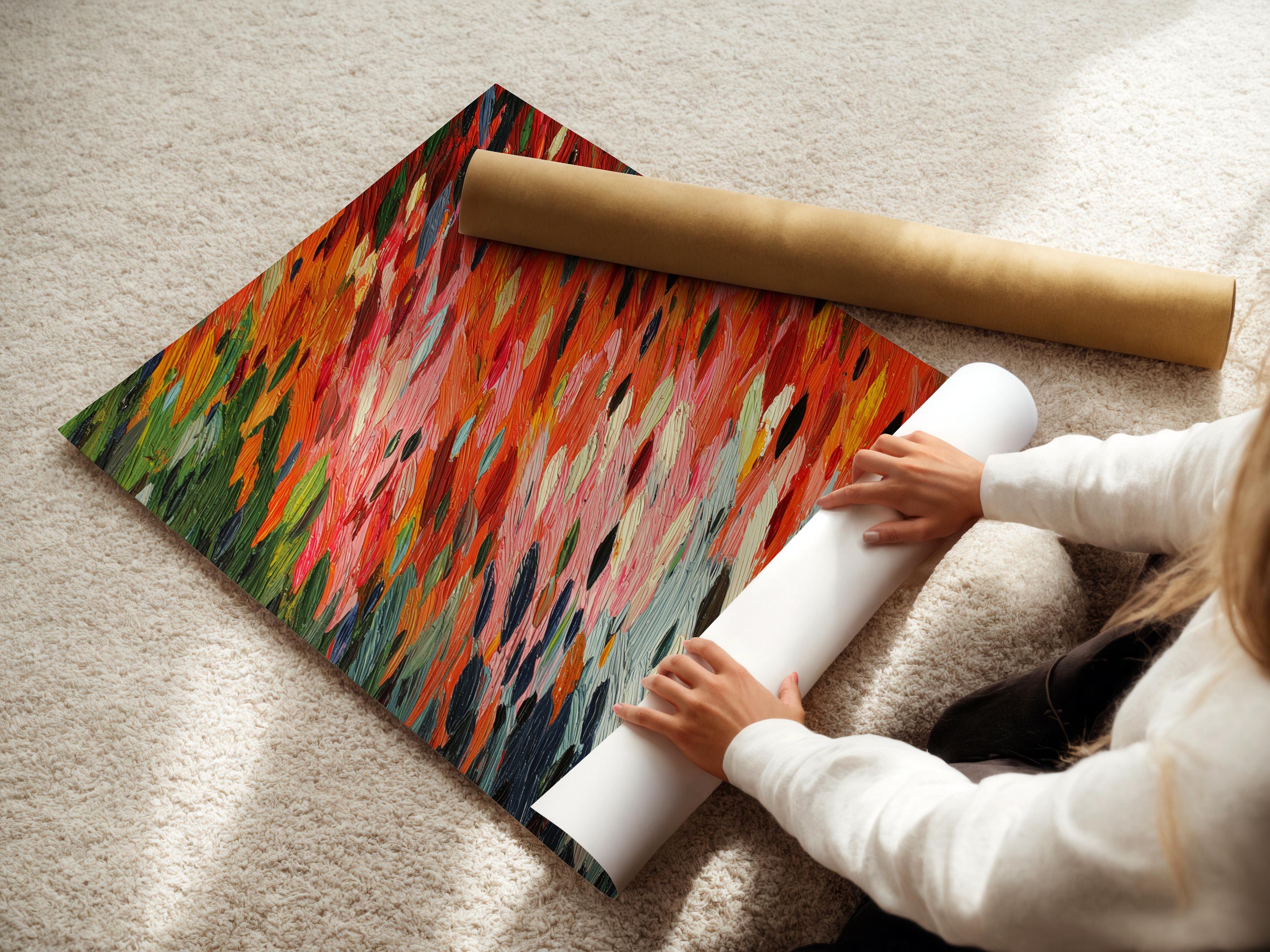 Abstract painting with orange-red, pink, green and dark navy brushstrokes in diagonal layers detail view