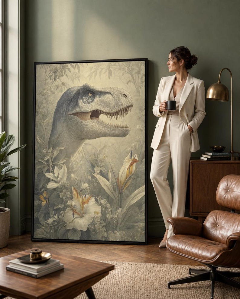 Illustrated dinosaur head with open mouth surrounded by layered leaves and pale flowers in beige and grey tones