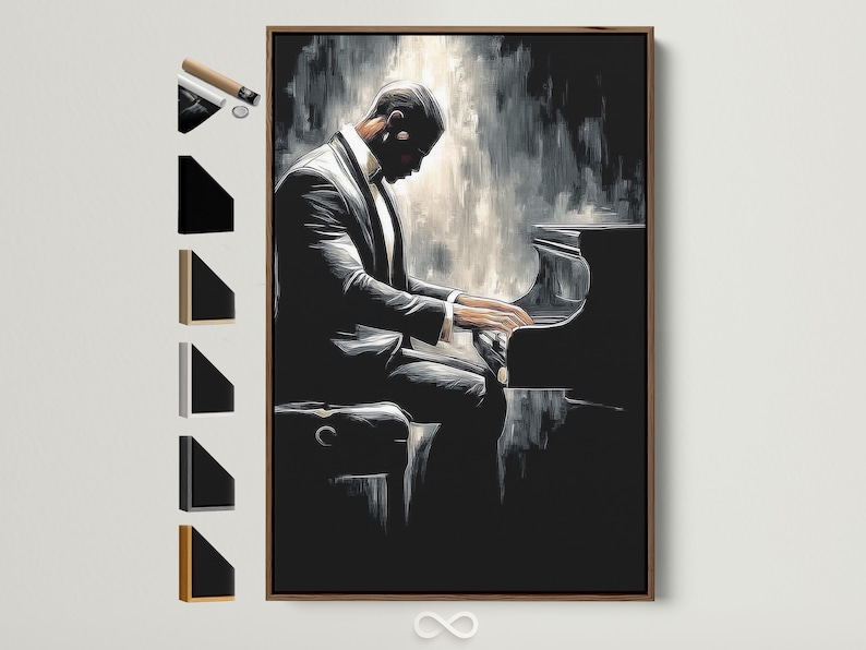 Black and white illustration of a pianist playing a grand piano in profile