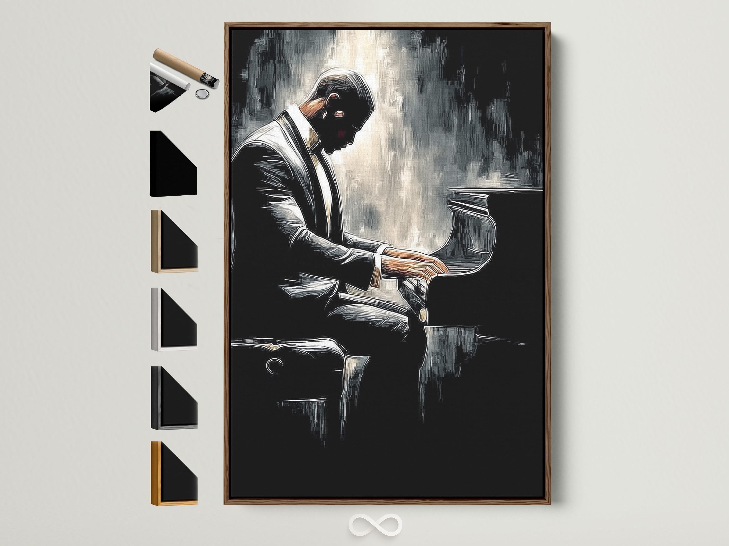 Black and white illustration of a pianist playing a grand piano in profile