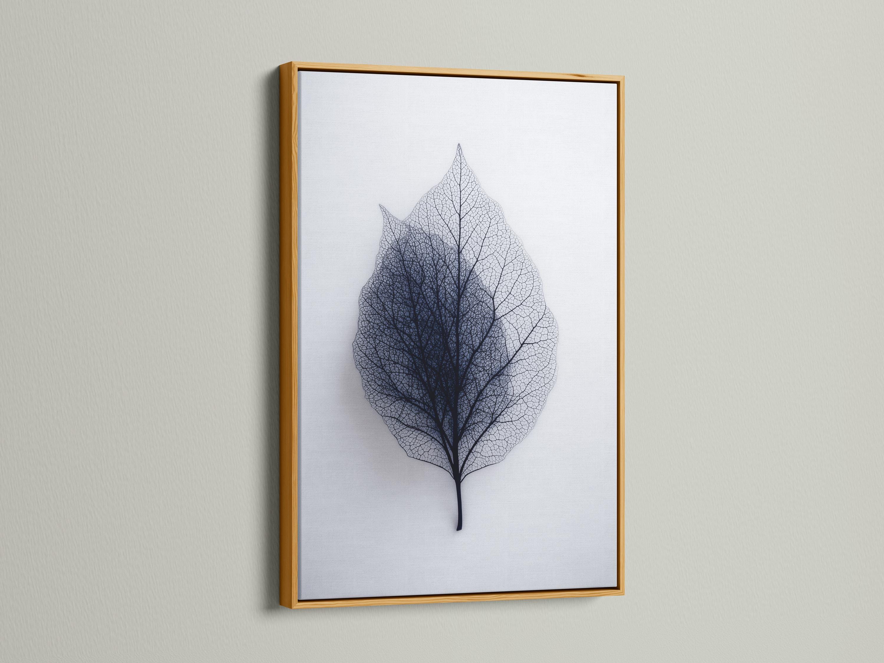 A person looking at a framed leaf skeleton wall artwork in a bright room
