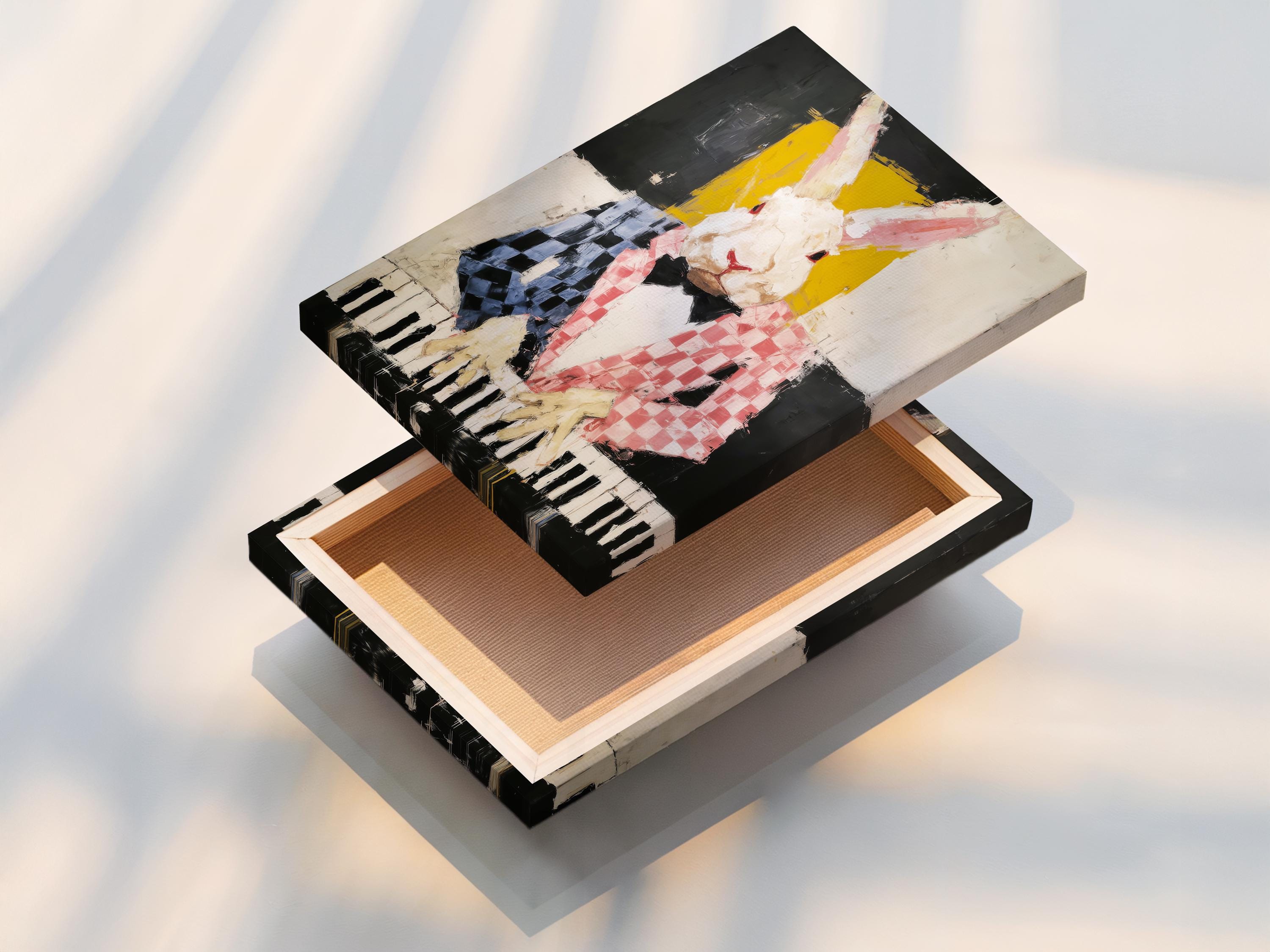 Stylised rabbit playing piano artwork with black, yellow and pink colours detail view