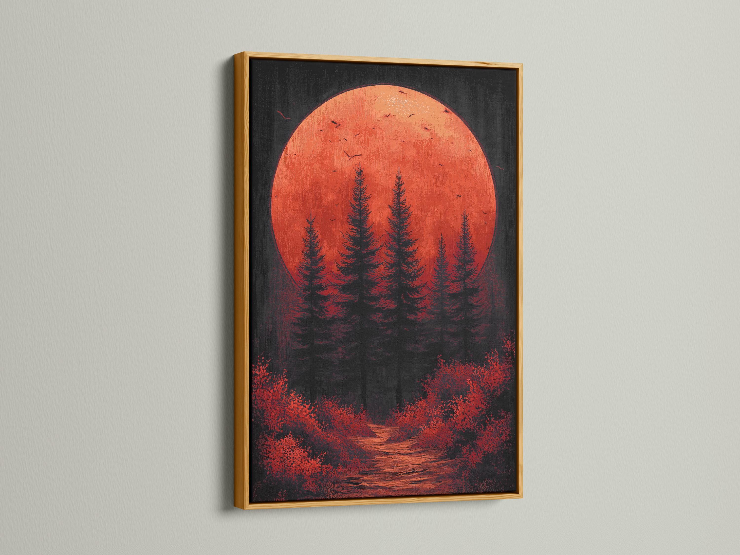 Crimson moon over dark pine forest with bird silhouettes and a winding path detail view