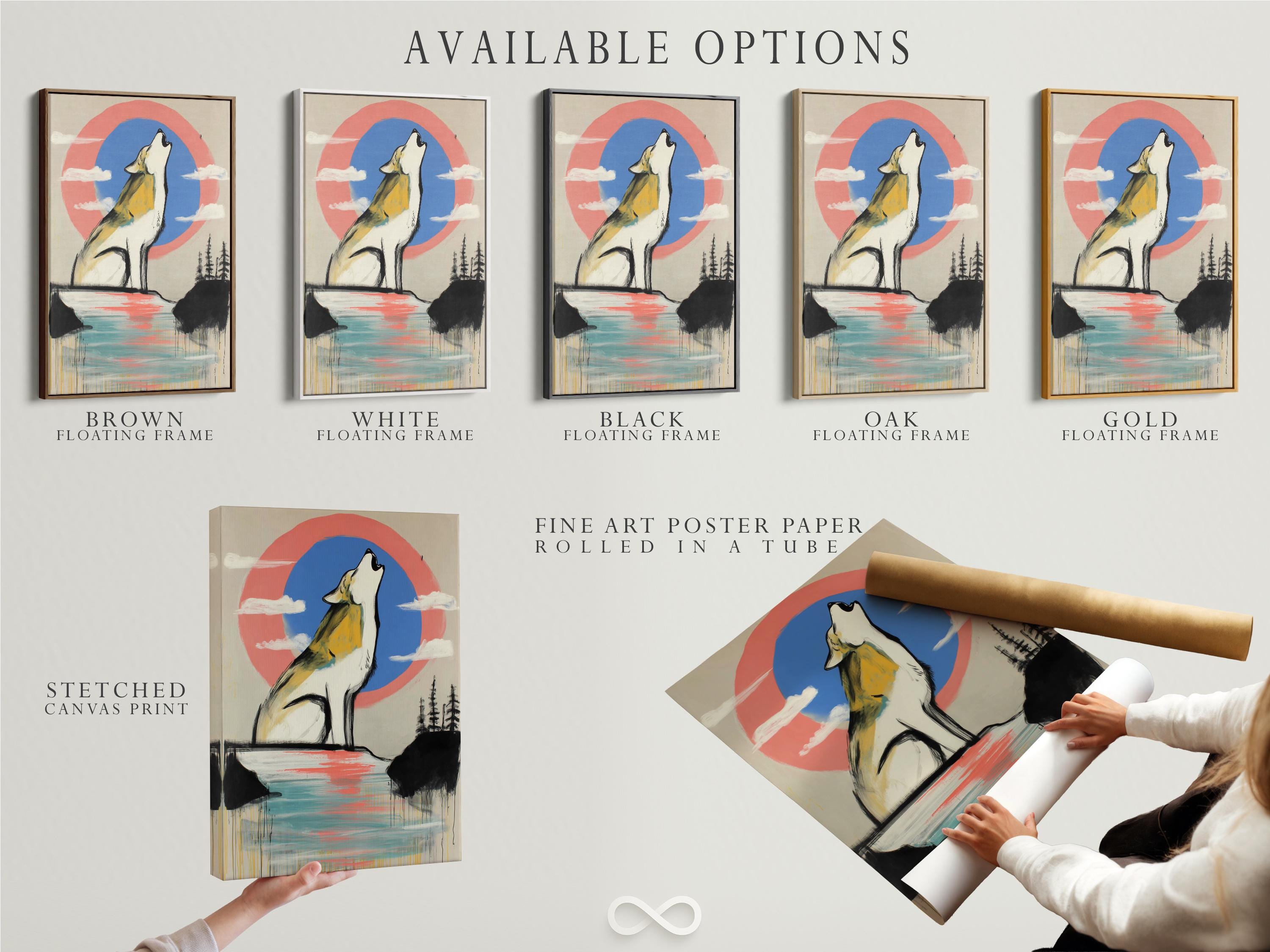Stylised howling wolf in white and yellow with coral and blue sky circle and reflective lake detail view
