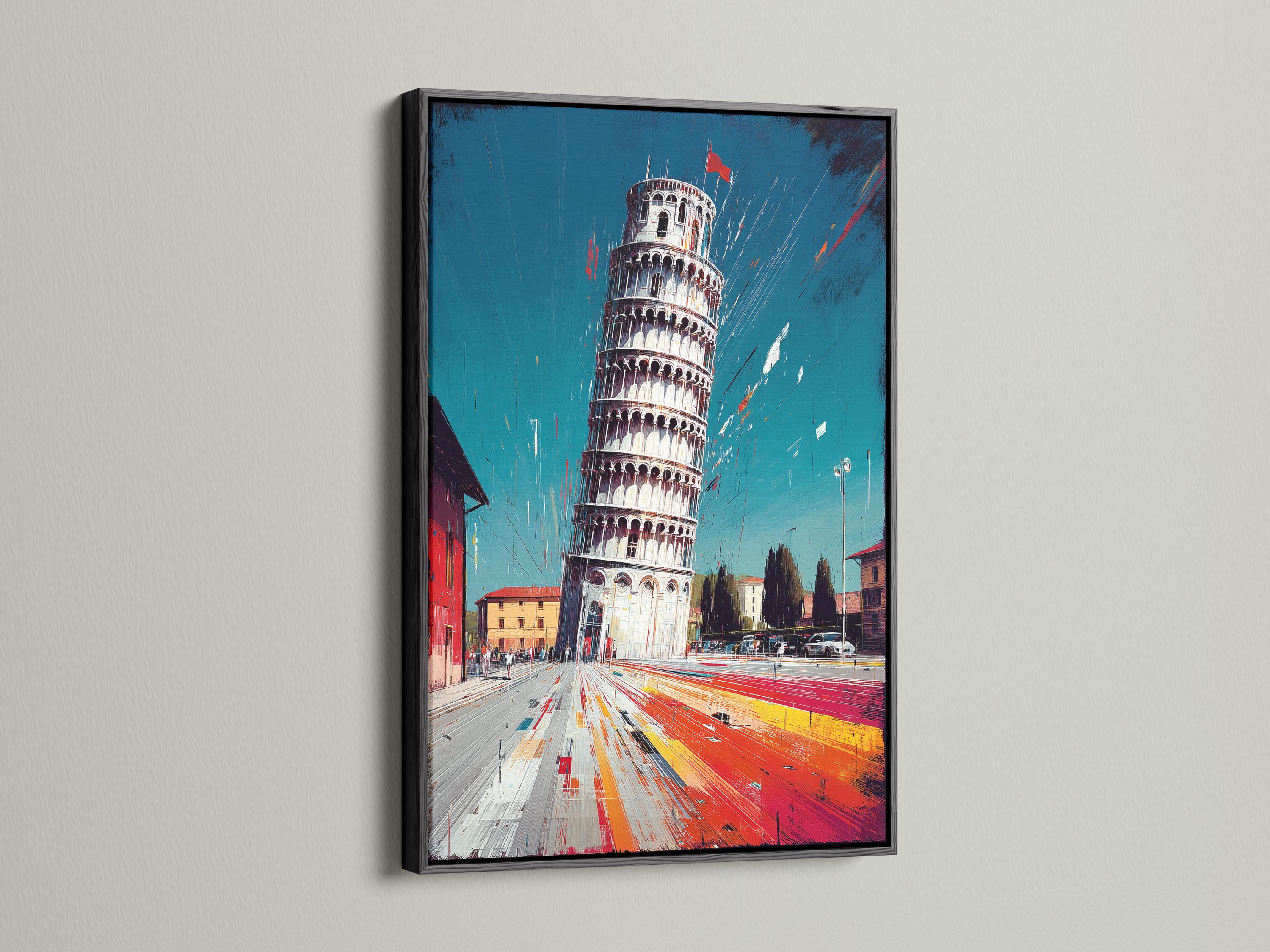 Stylised leaning tower above a teal sky with red, orange and yellow streaked city street detail view